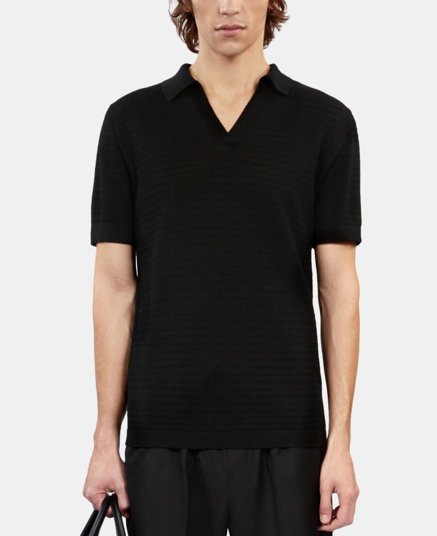 The Kooples HERREN BLACK schwarzes poloshirt aus strick mit ajour-details