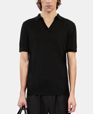 The Kooples HERREN BLACK schwarzes poloshirt aus strick mit ajour-details