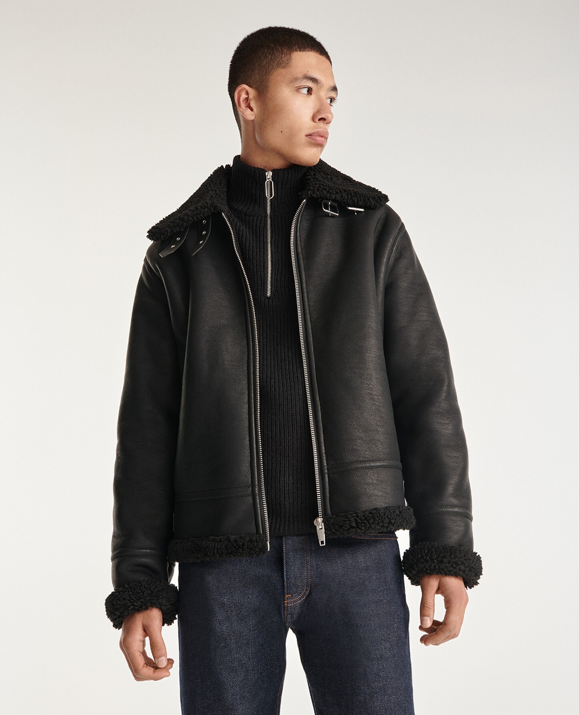 Zipped black faux sheepskin jacket The Kooples US