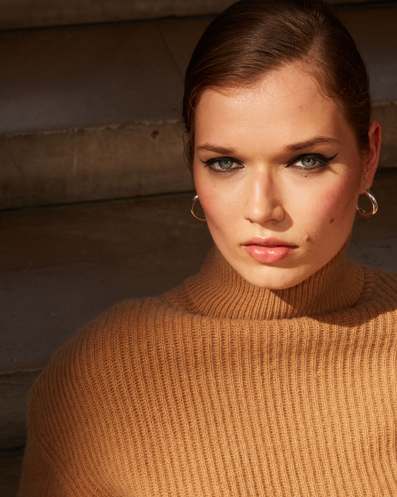 The Kooples WOMEN CAMEL side split long turtleneck sweater in camel