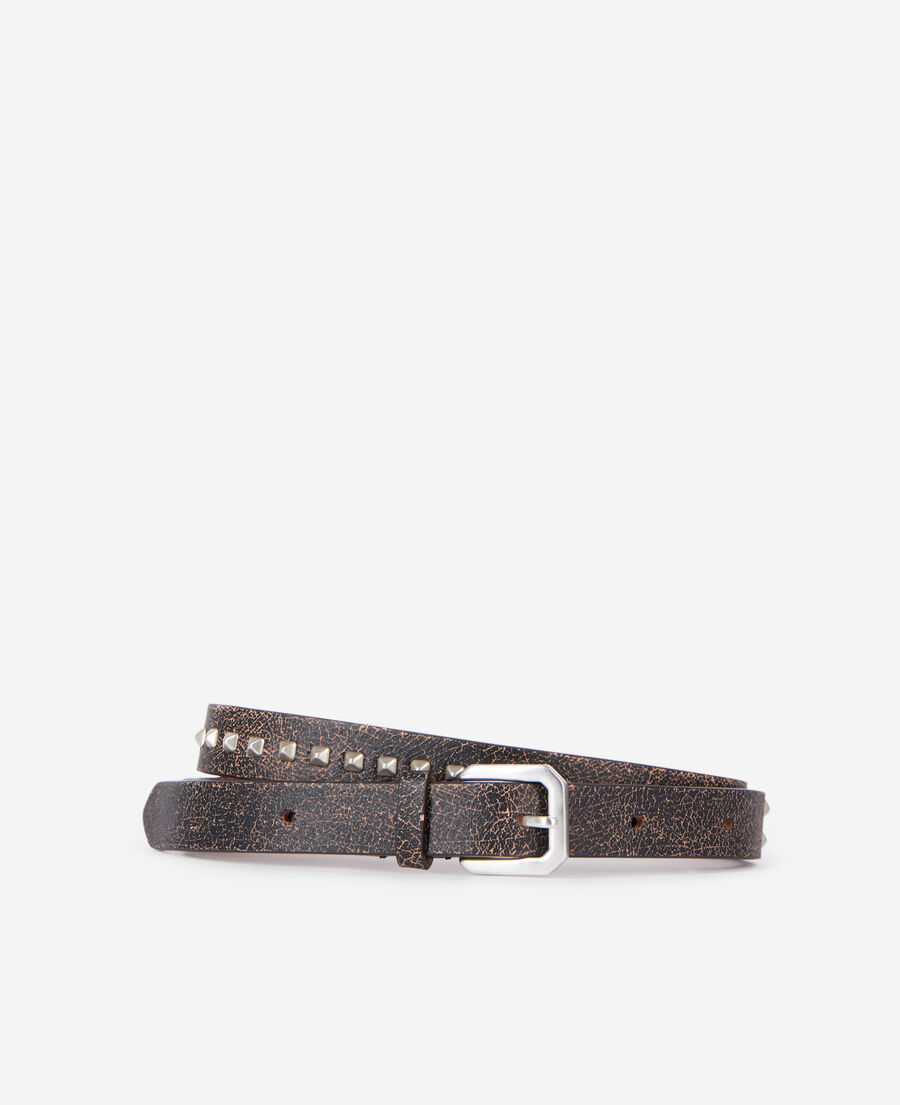The Kooples H BROWN thin brown leather belt with spikes