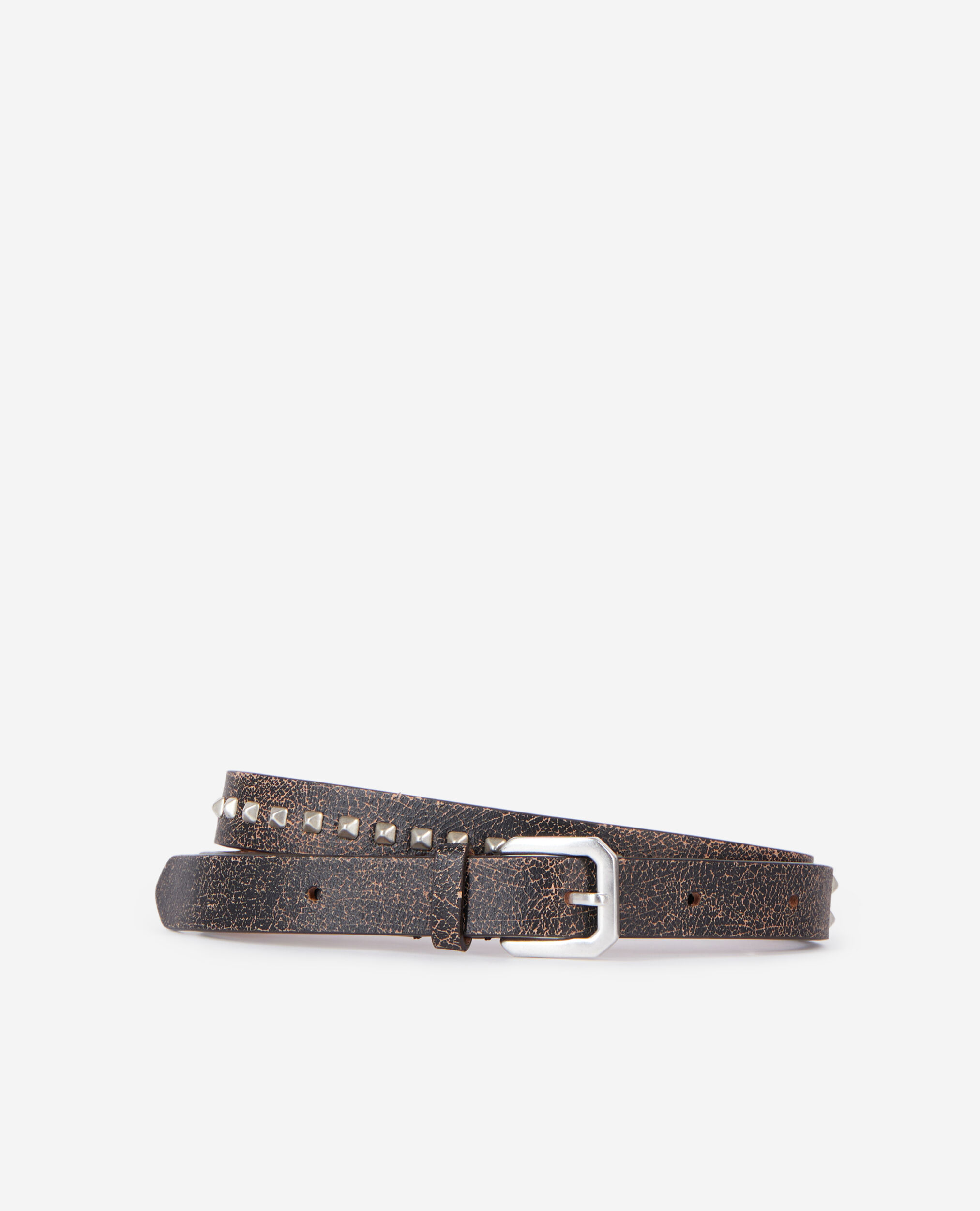 Thin brown leather belt with spikes, BROWN, hi-res image number null