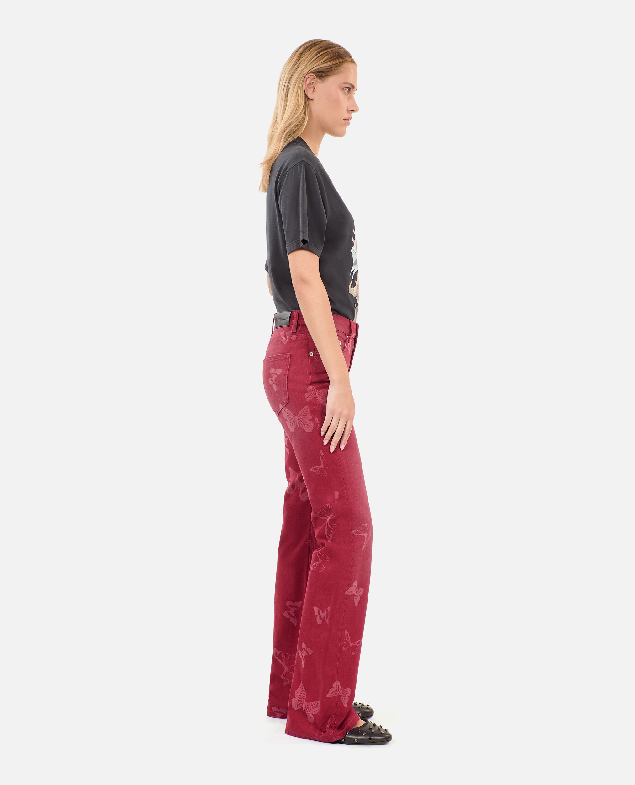 Jeans mit ausgestelltem Bein und Print, DARK RED, hi-res image number null