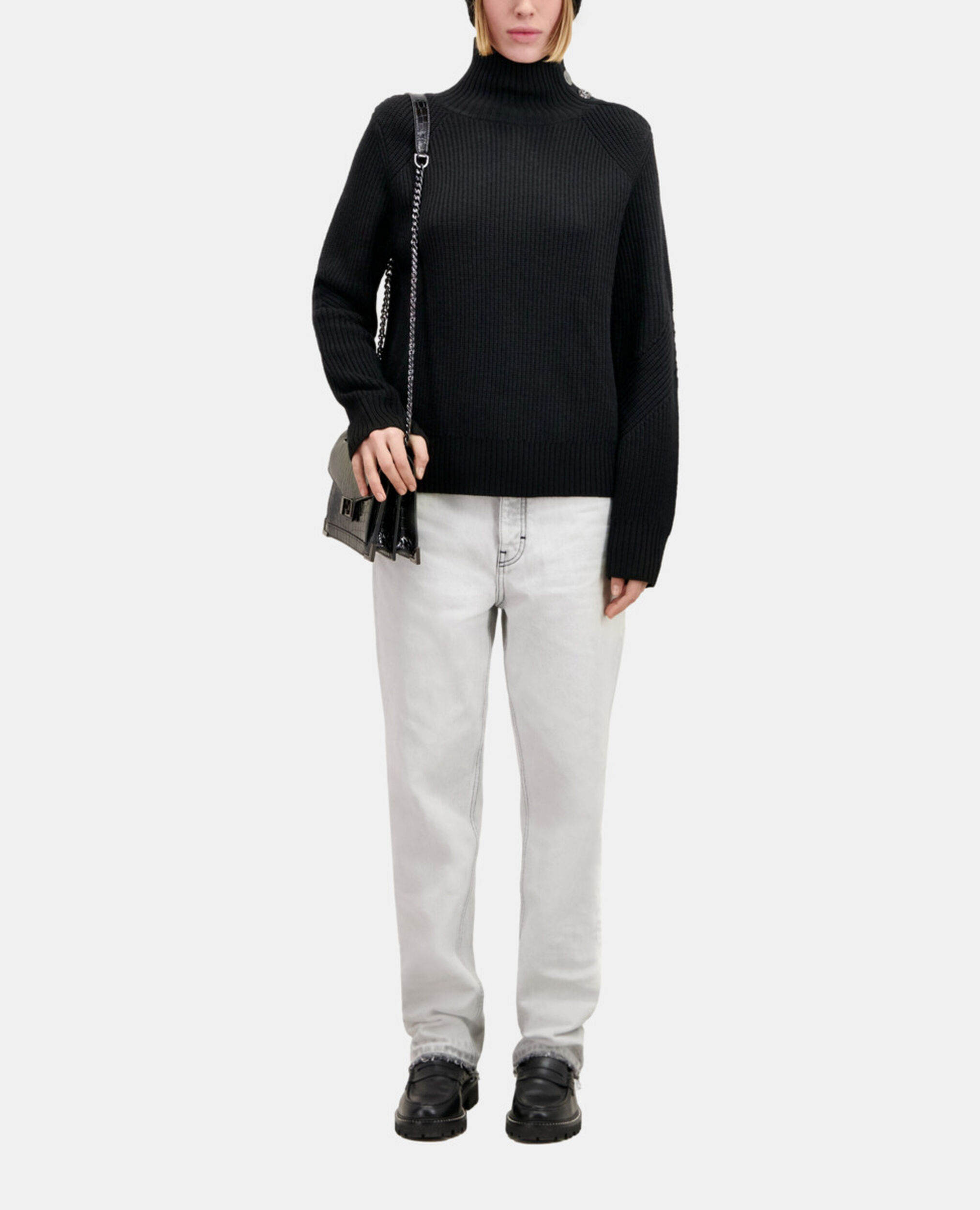 Black wool sweater with bijou buttons, BLACK, hi-res image number null