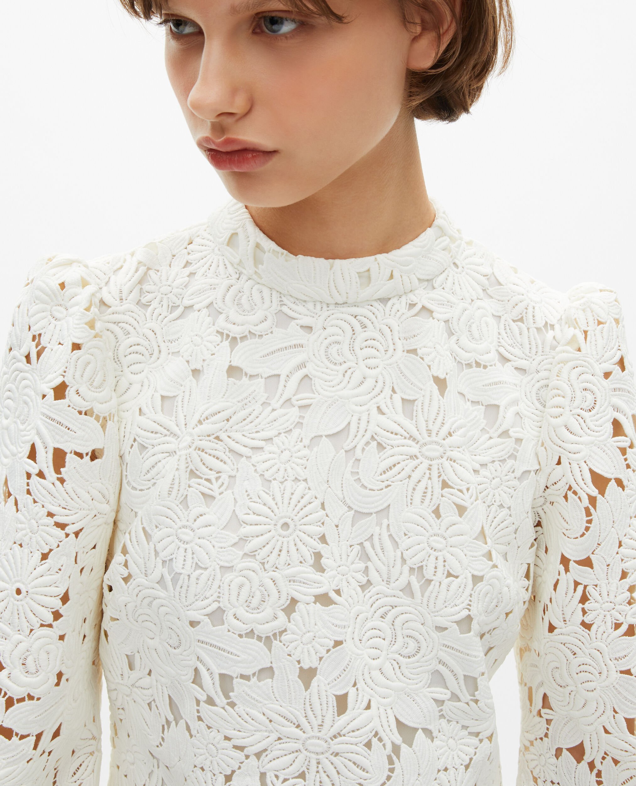 Short dress in ecru floral lace, ECRU, hi-res image number null