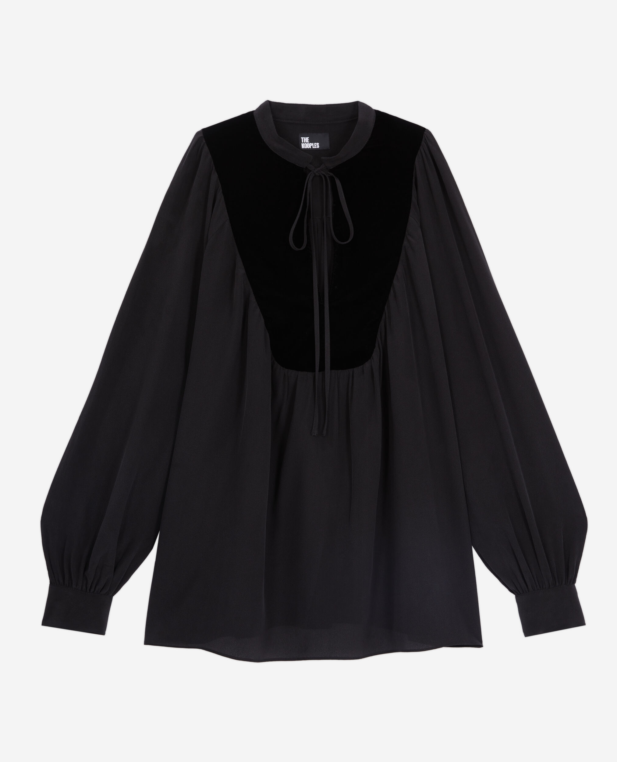 Black silk top with velvet details, BLACK, hi-res image number null