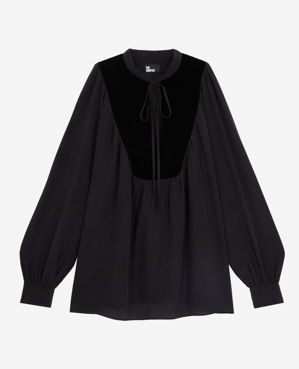 black silk top with velvet details