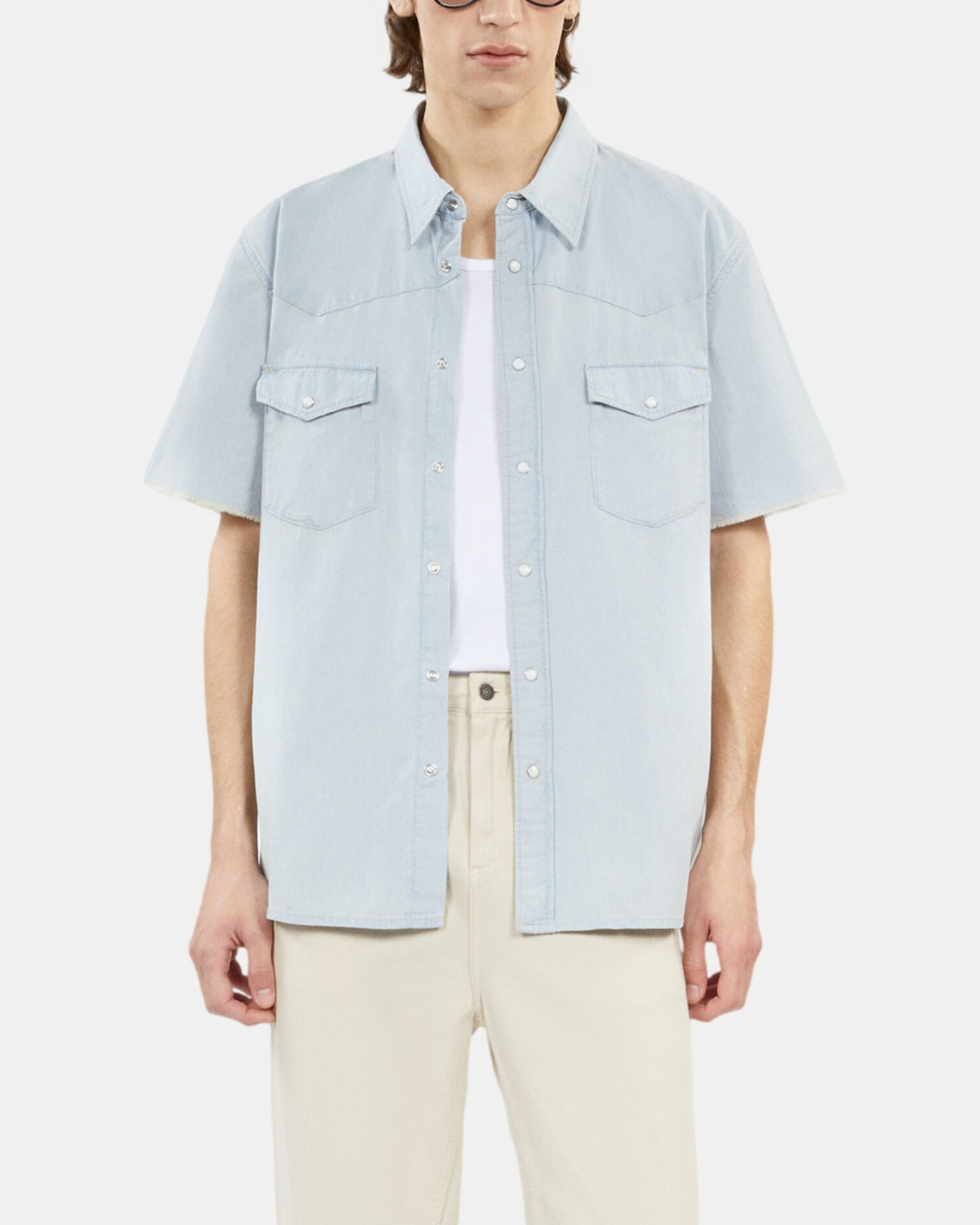 Short-sleeved denim shirt, LIGHT BLUE, hi-res image number null