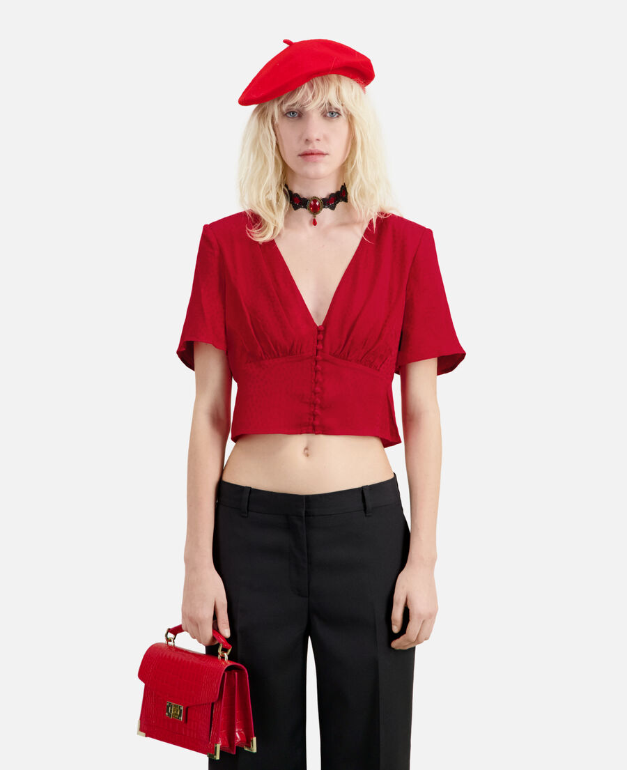 rotes, kurzes jacquard-top mit punktemuster