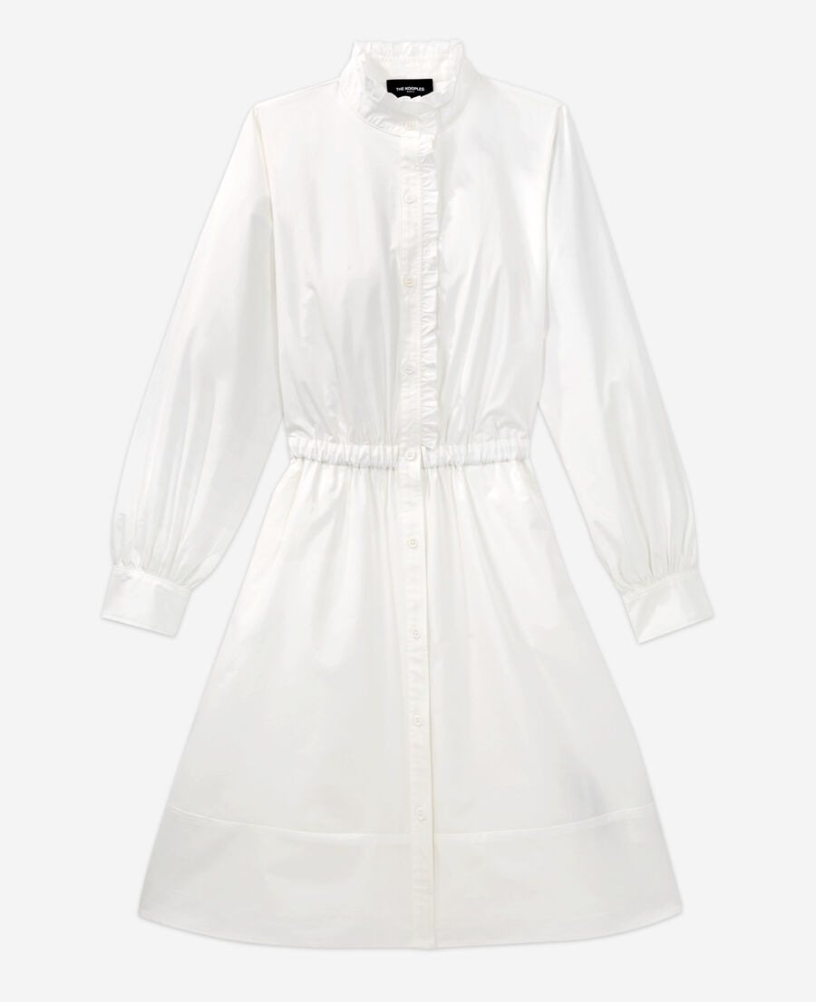 white cotton dress with buttoned high neck