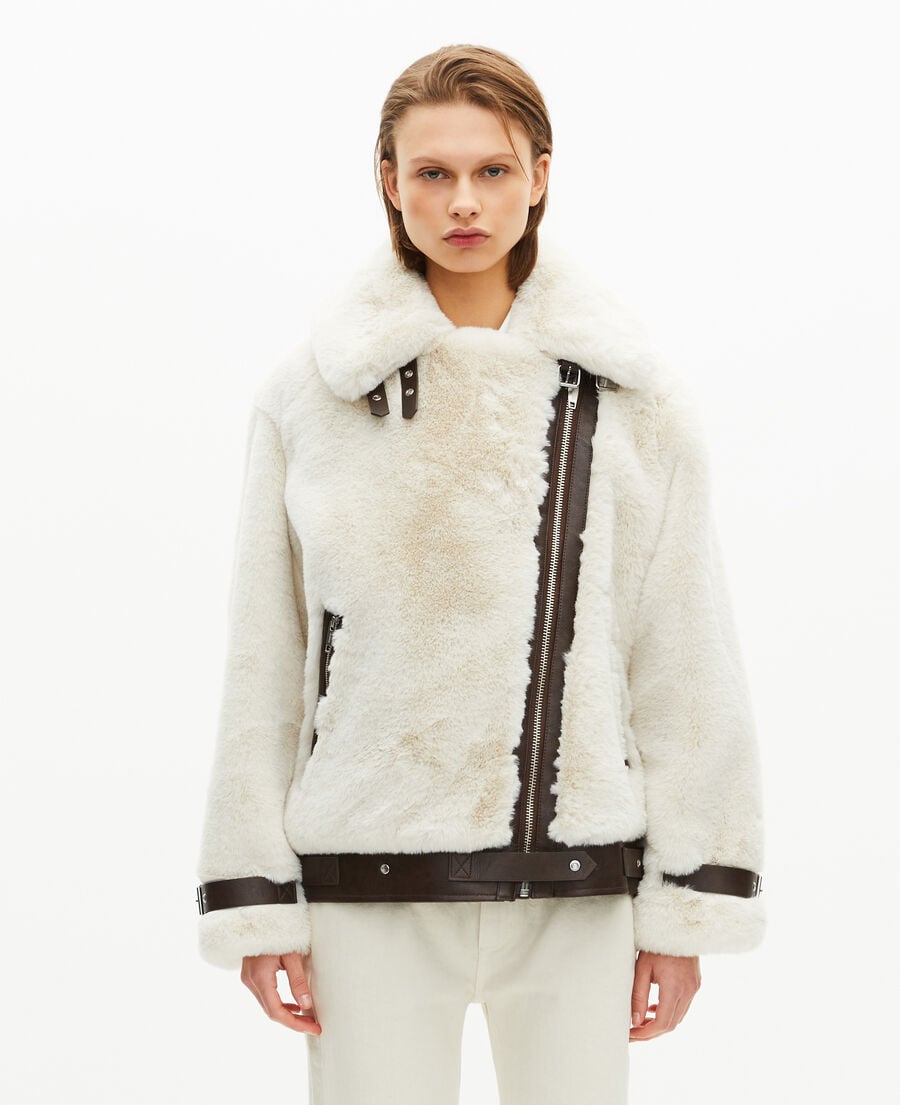 The Kooples WOMEN WHITE ecru fur-effect aviator jacket