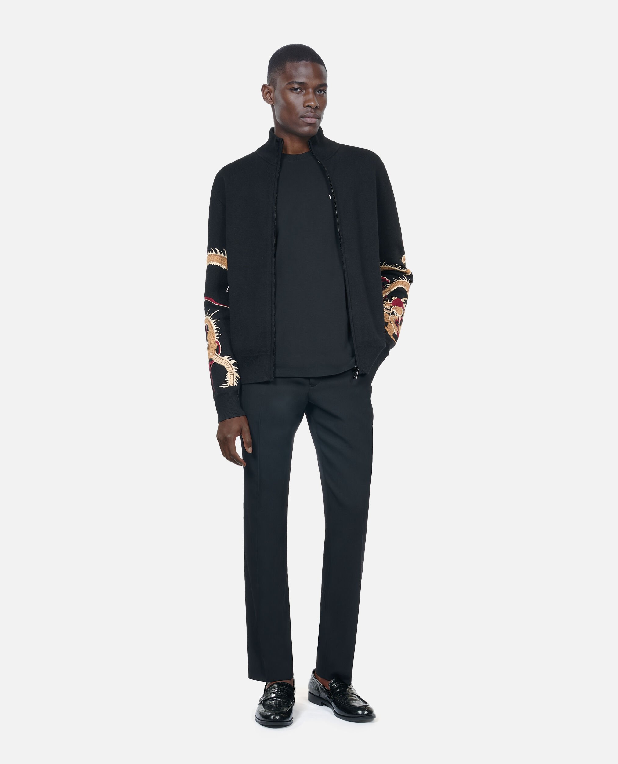 Black wool-blend cardigan with Dragon embroidery, BLACK, hi-res image number null