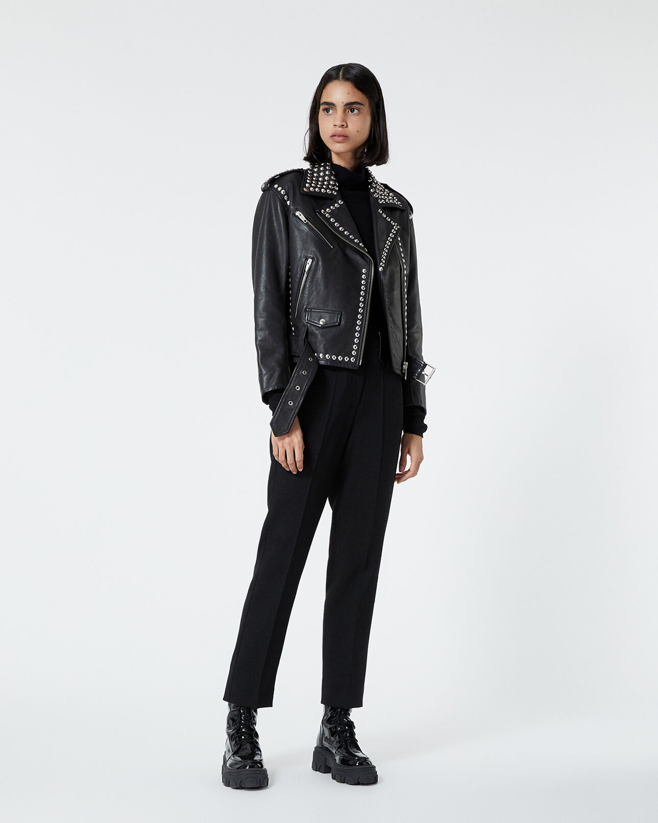 The Kooples FEMME BLACK blouson cuir noir à détails cloutés
