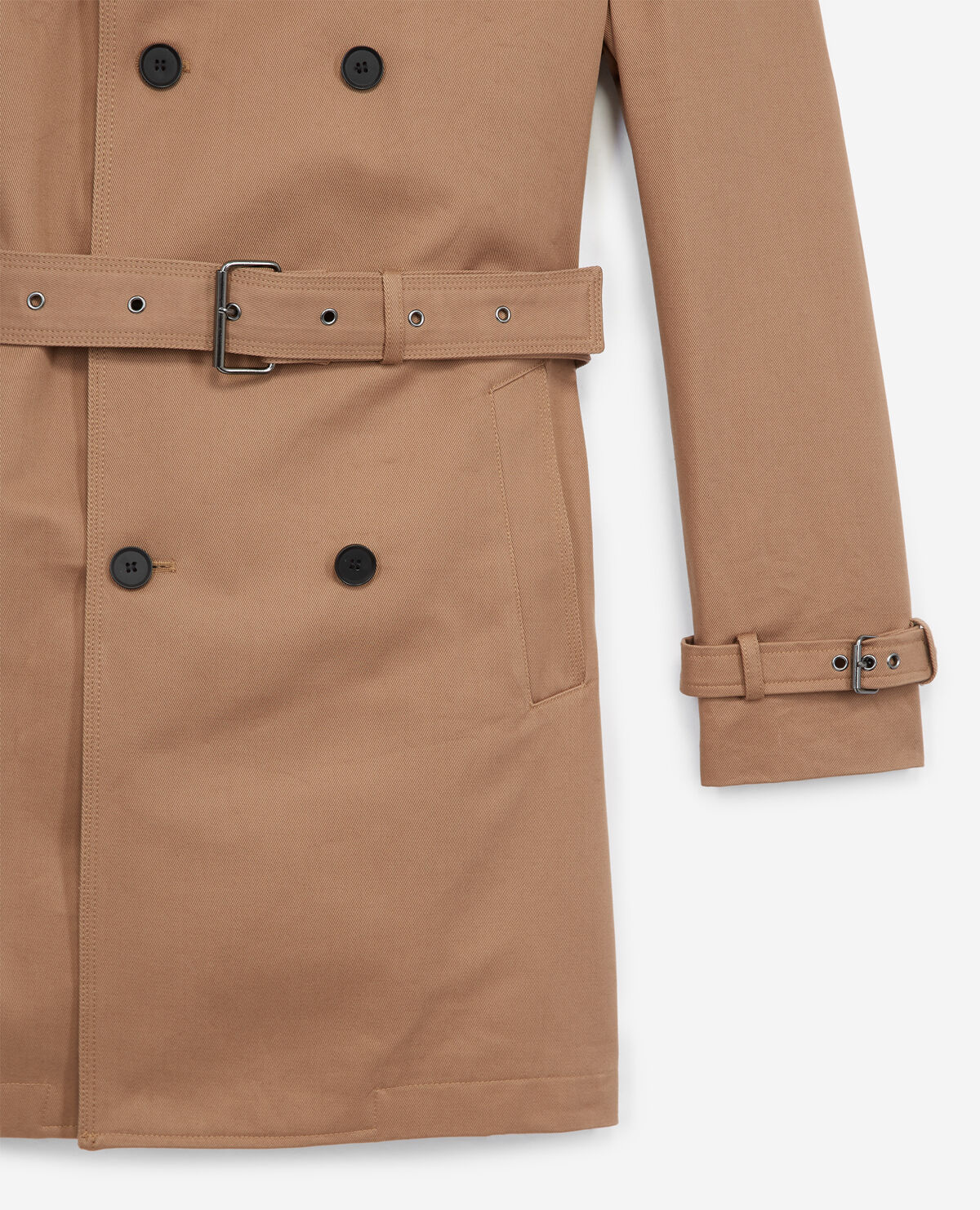 Beige belted double breasted trench coat