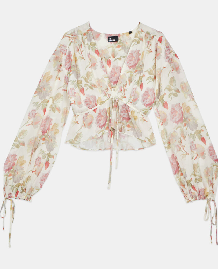 The Kooples F BEIGE / RED floral printed silk top with ruffles