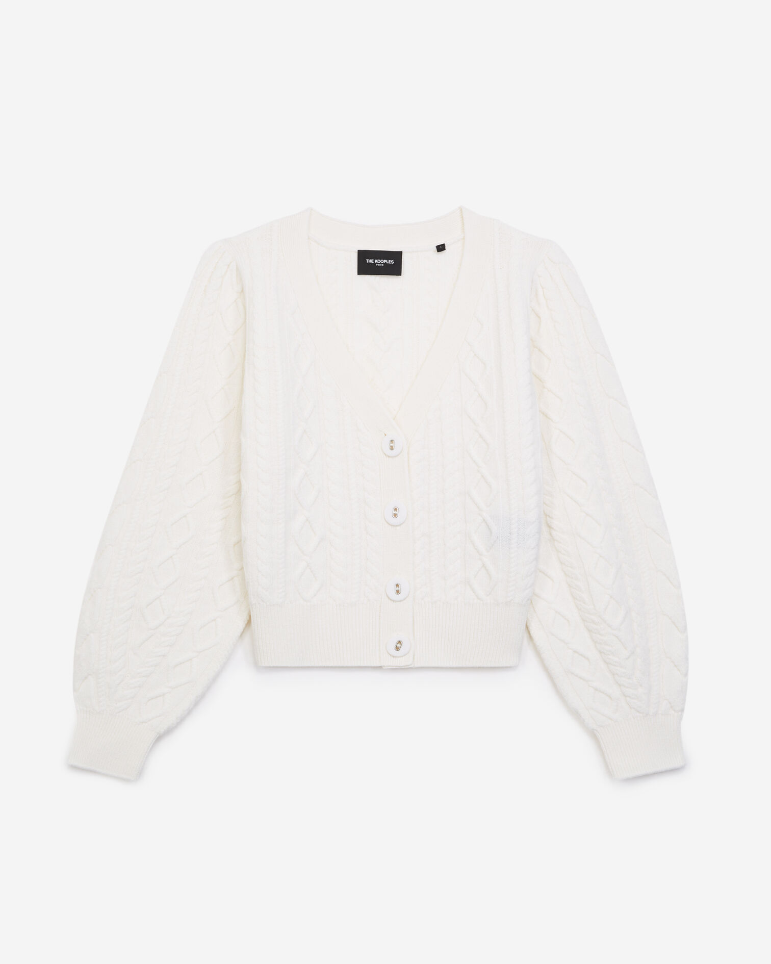 Cashmere-wool ecru cardigan w/fabric buttons, WHITE, hi-res image number null
