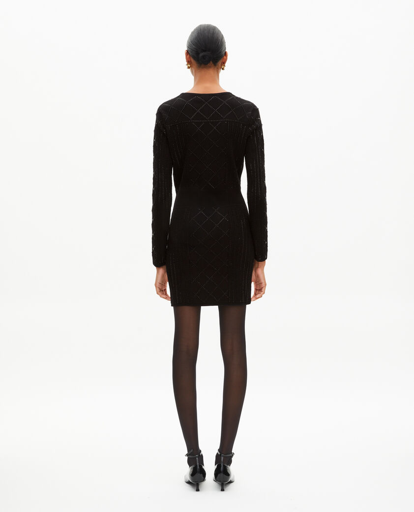 The Kooples WOMEN BLACK short knitted dress with rhinestones and pearls, black