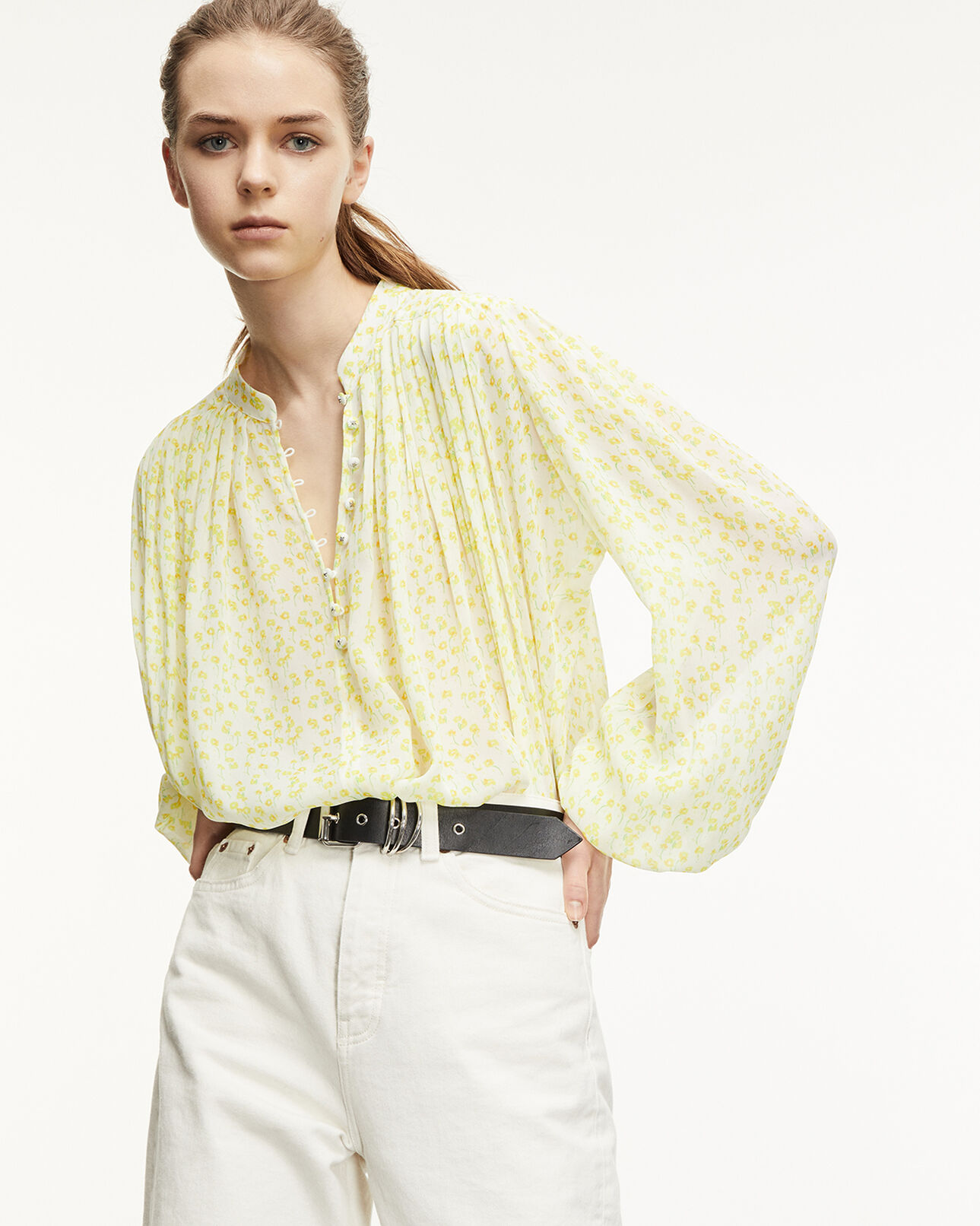 The Kooples FEMME WHITE / DEEP YELLOW top fluide blanc et jaune à col rond