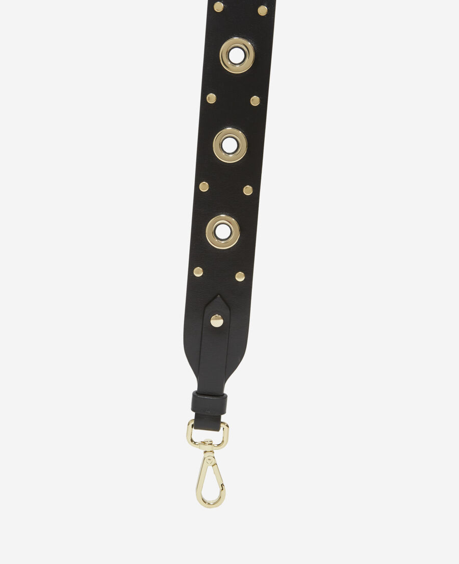 black leather handle with gold eyelets
