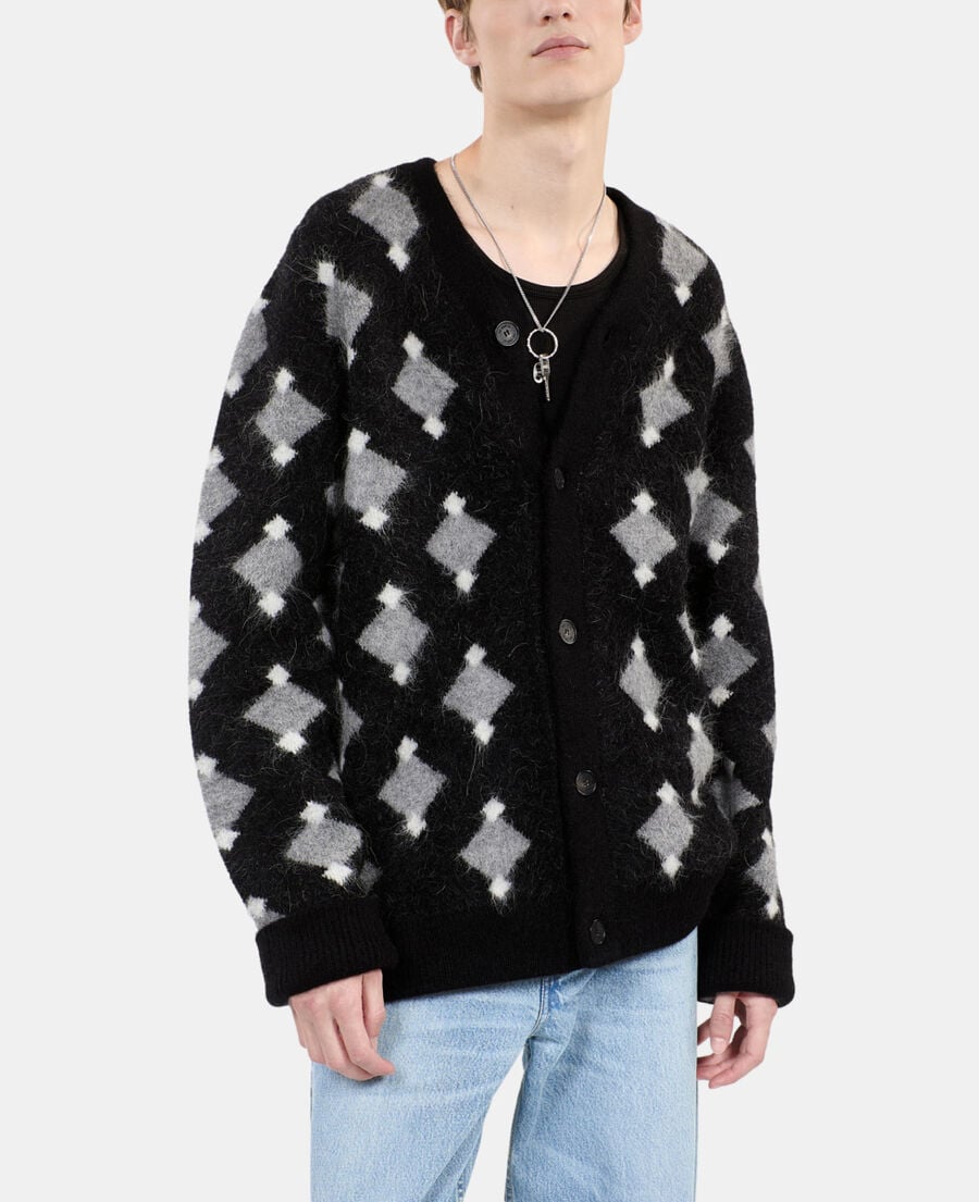 The Kooples HOMME BLACK GREY WHITE cardigan &agrave; losanges noir et gris