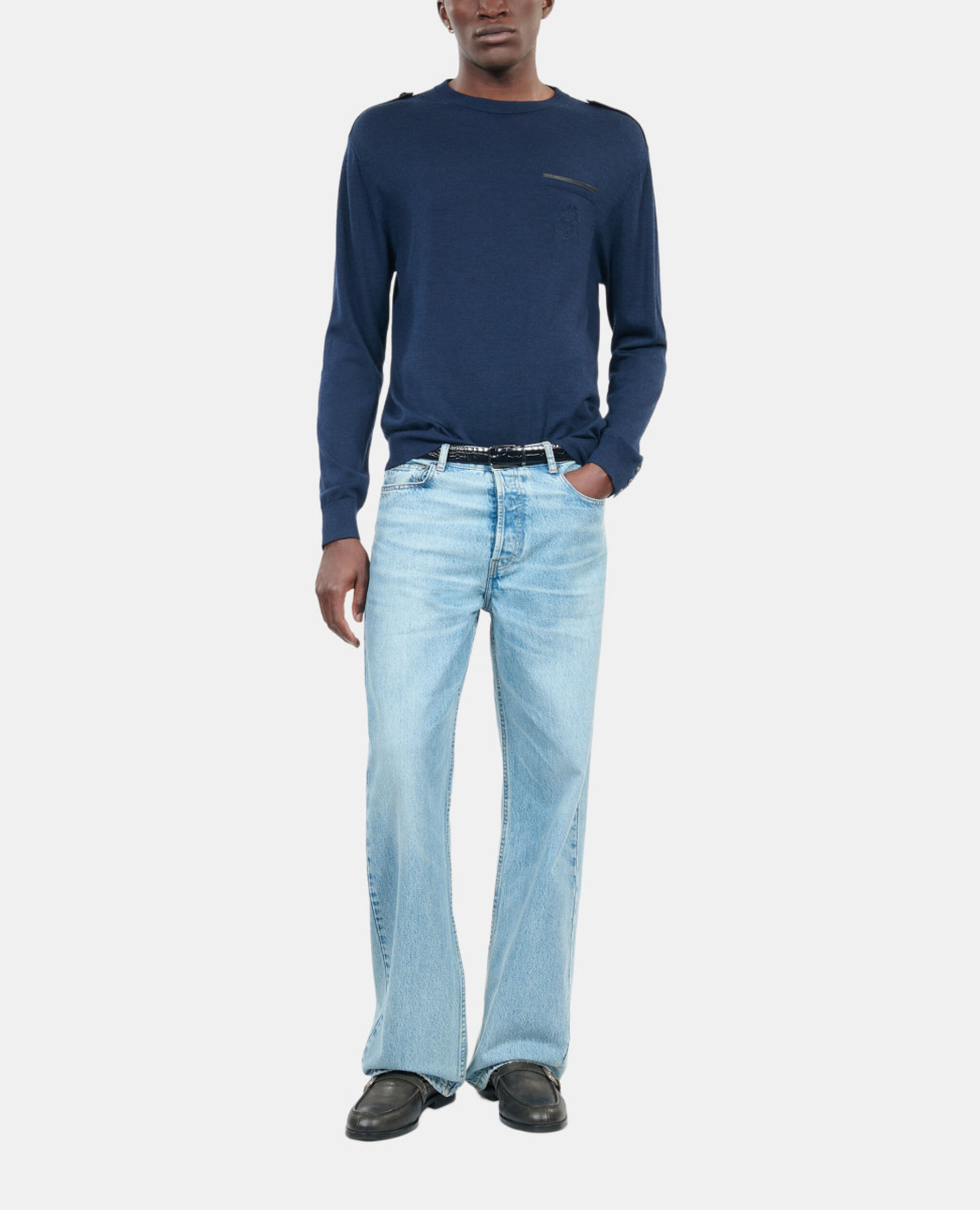 Blue merino wool sweater, DARK BLUE, hi-res image number null
