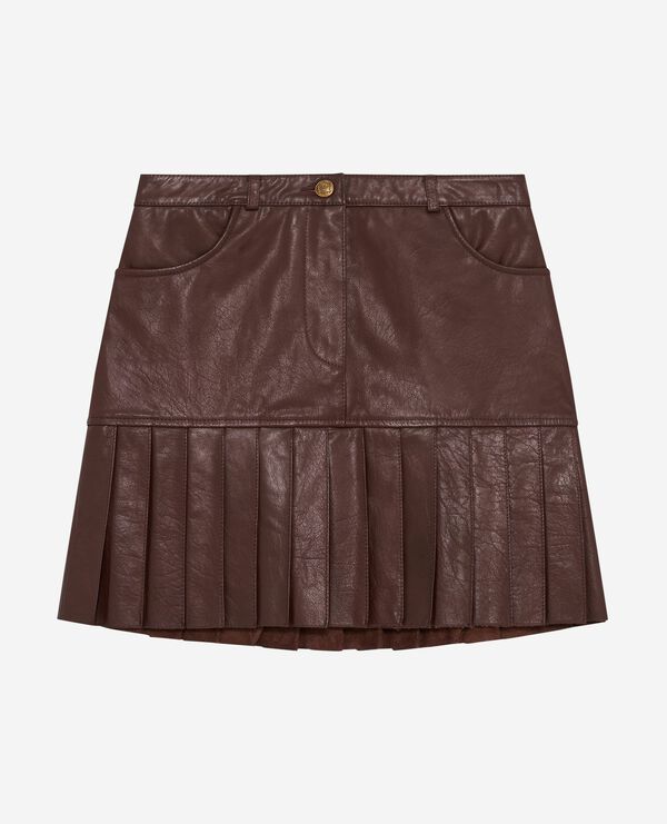 The Kooples FEMME EBENE jupe courte plissée en cuir marron