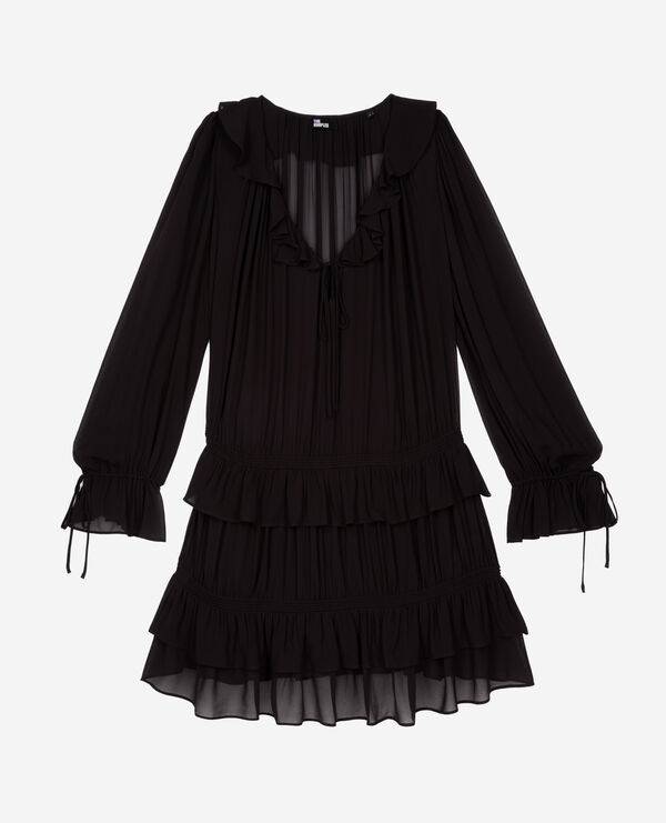 The Kooples WOMEN BLACK STONE short black dress with ruffles