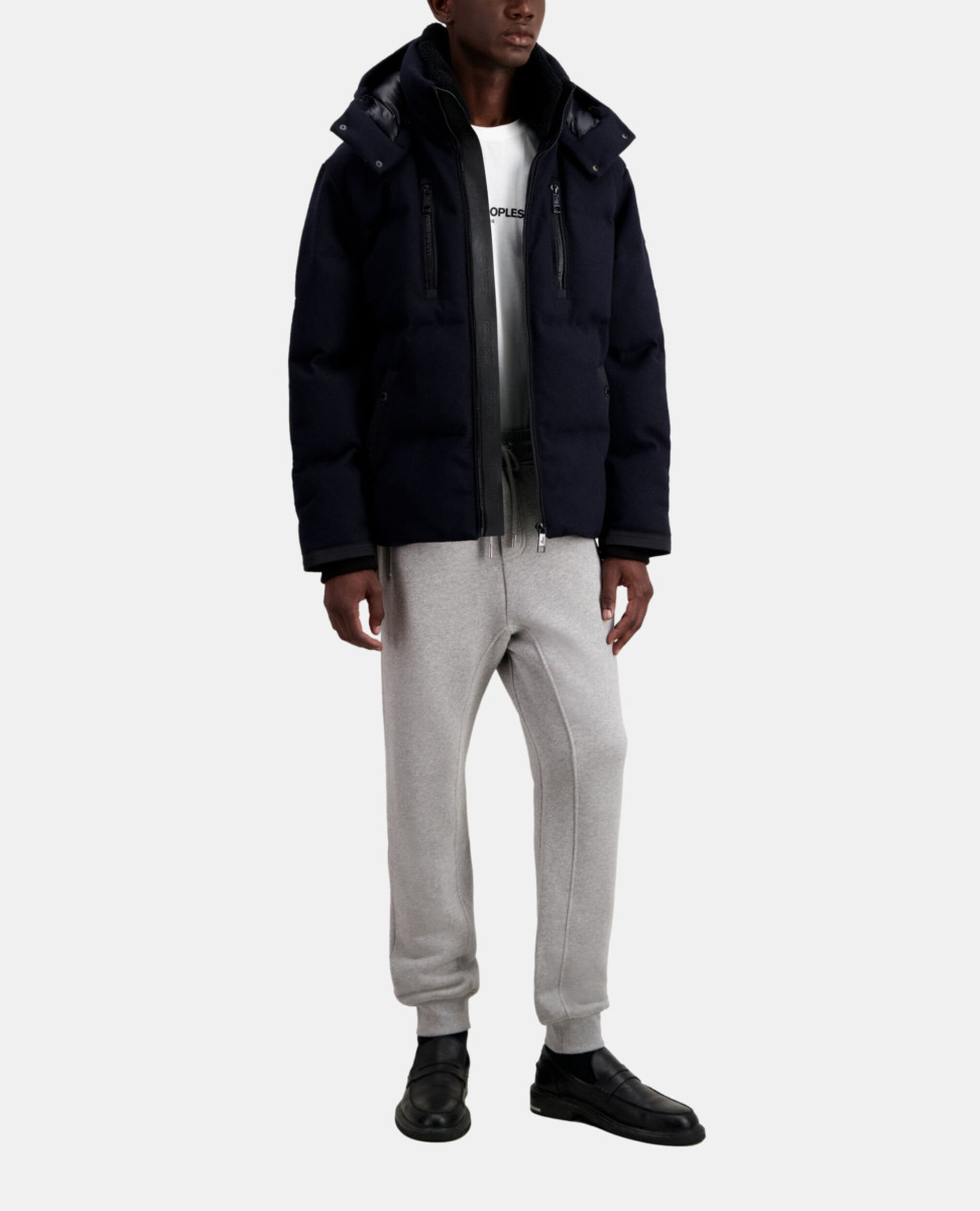 Navy blue flannel puffer jacket, NAVY, hi-res image number null