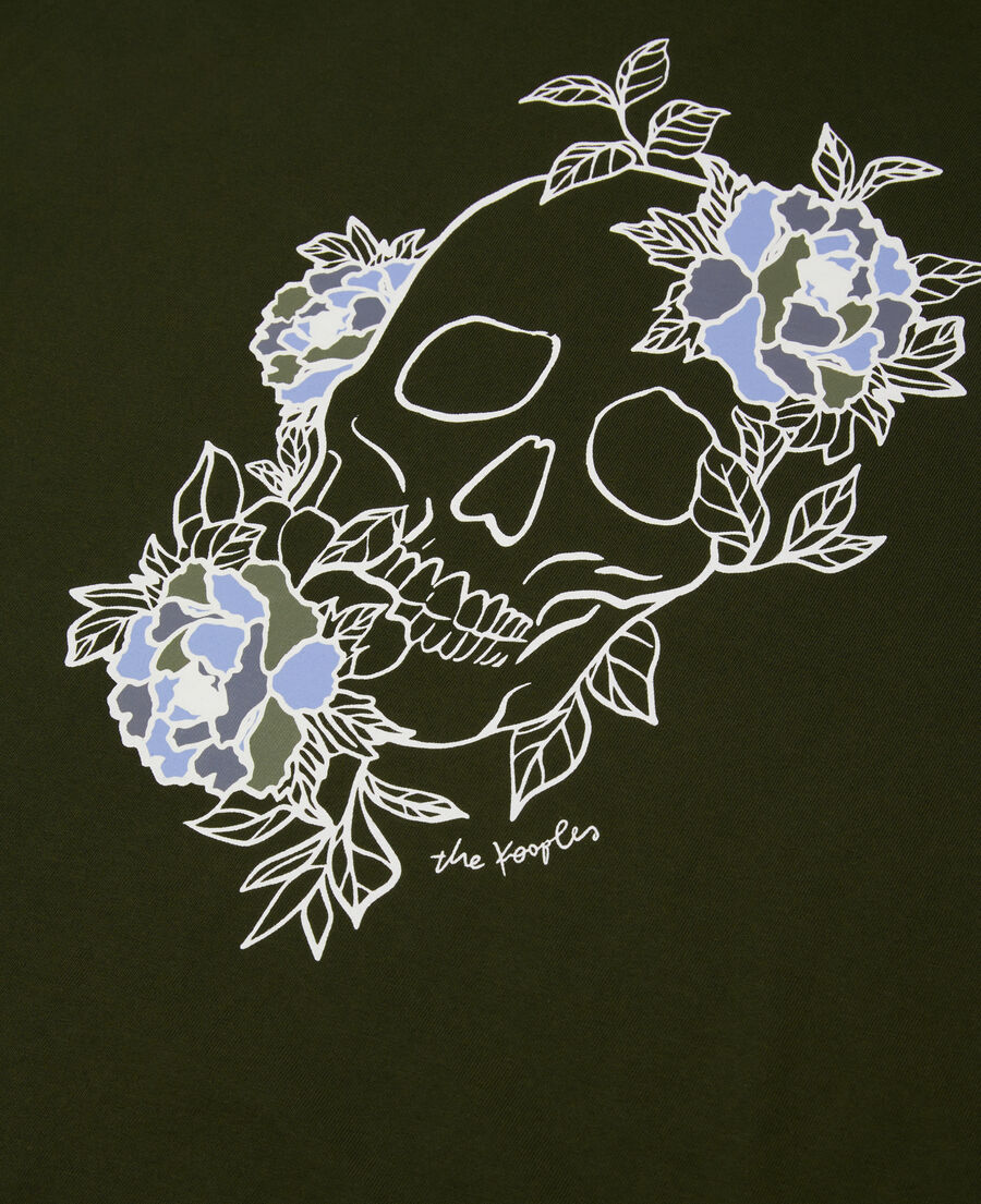 The Kooples H DARK GREEN men's khaki t-shirt with flower skull serigraphy