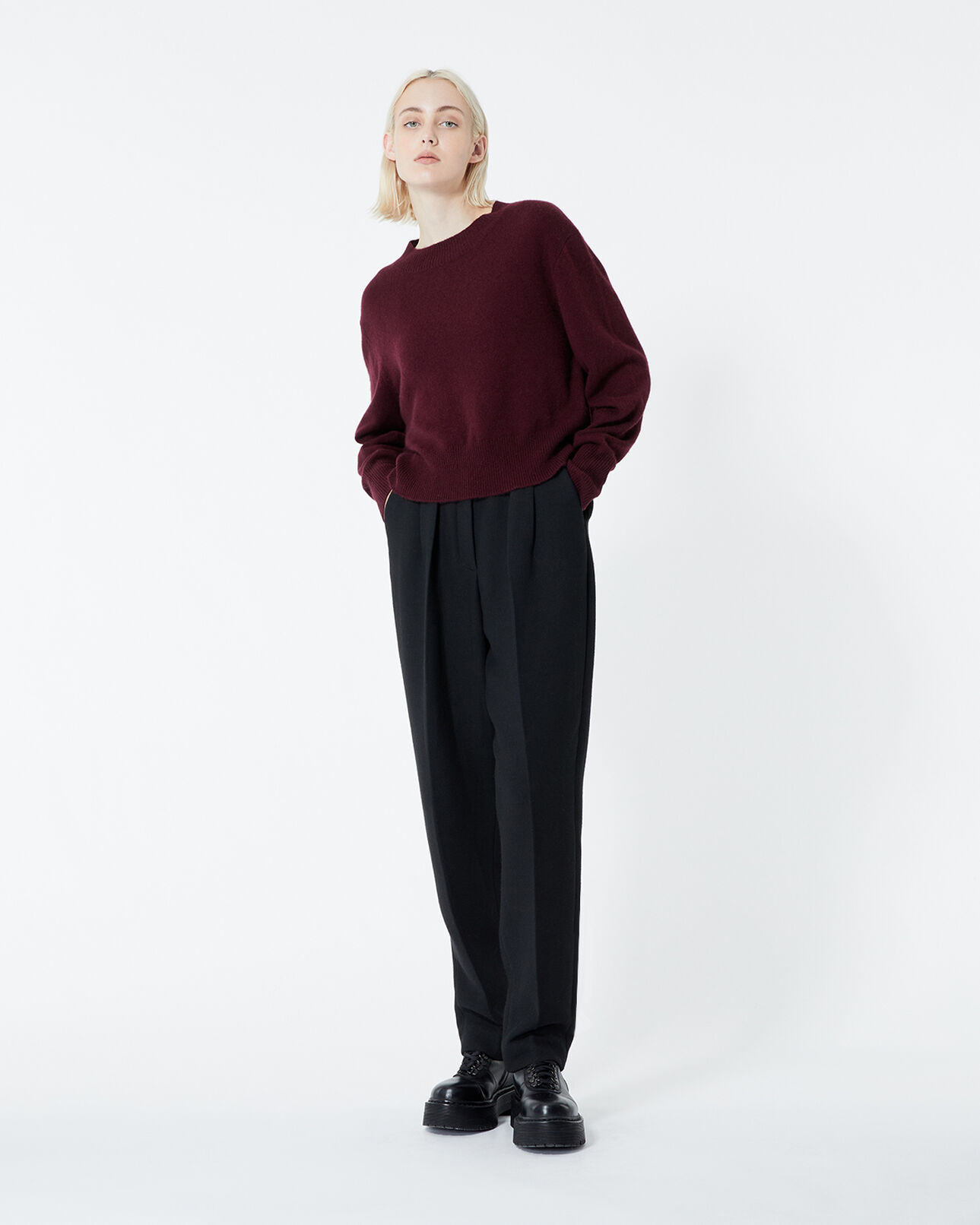 The Kooples WOMEN BORDEAUX burgundy cashmere sweater with crew neck