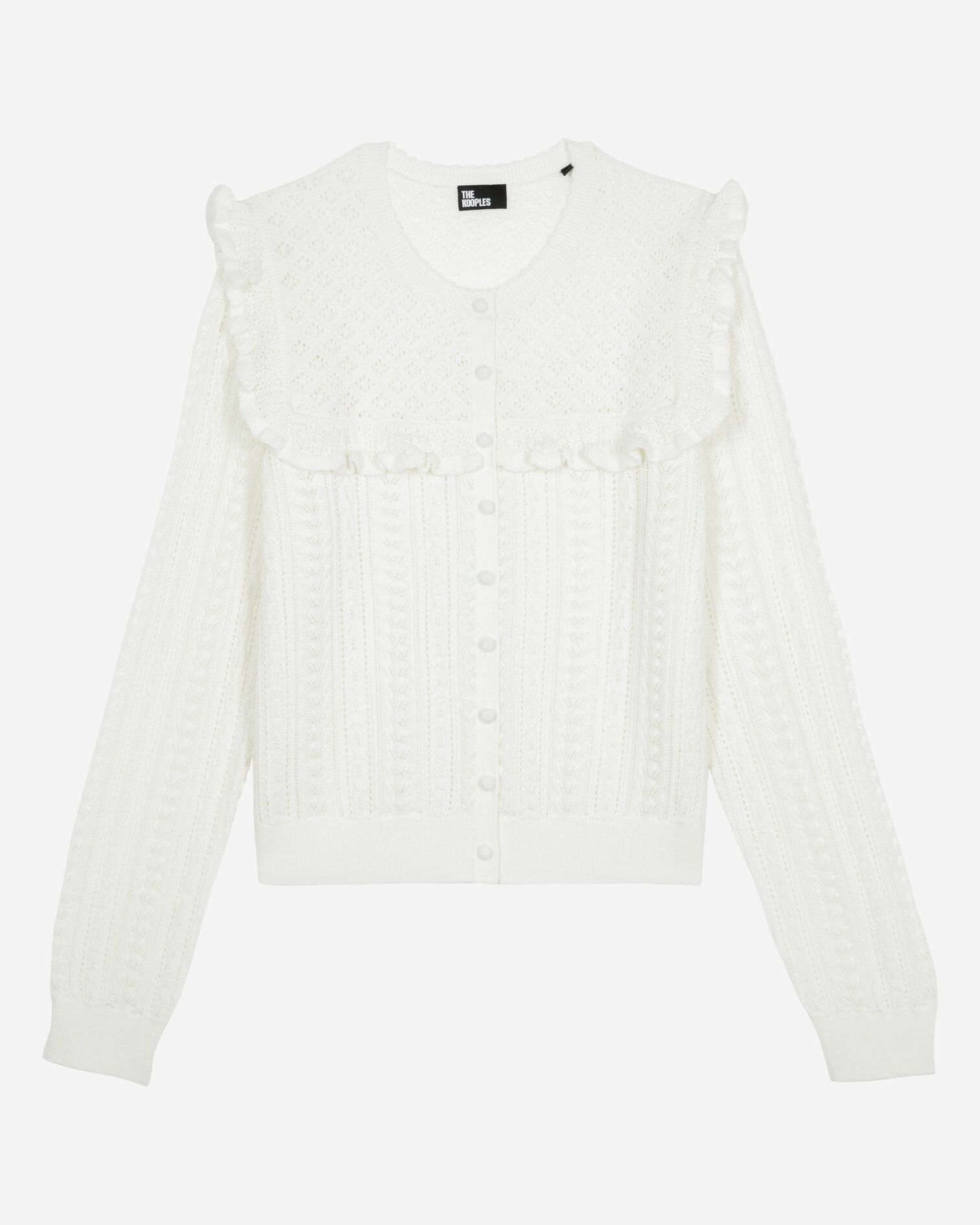 Cardigan with ruffles in ecru merino wool, ECRU, hi-res image number null