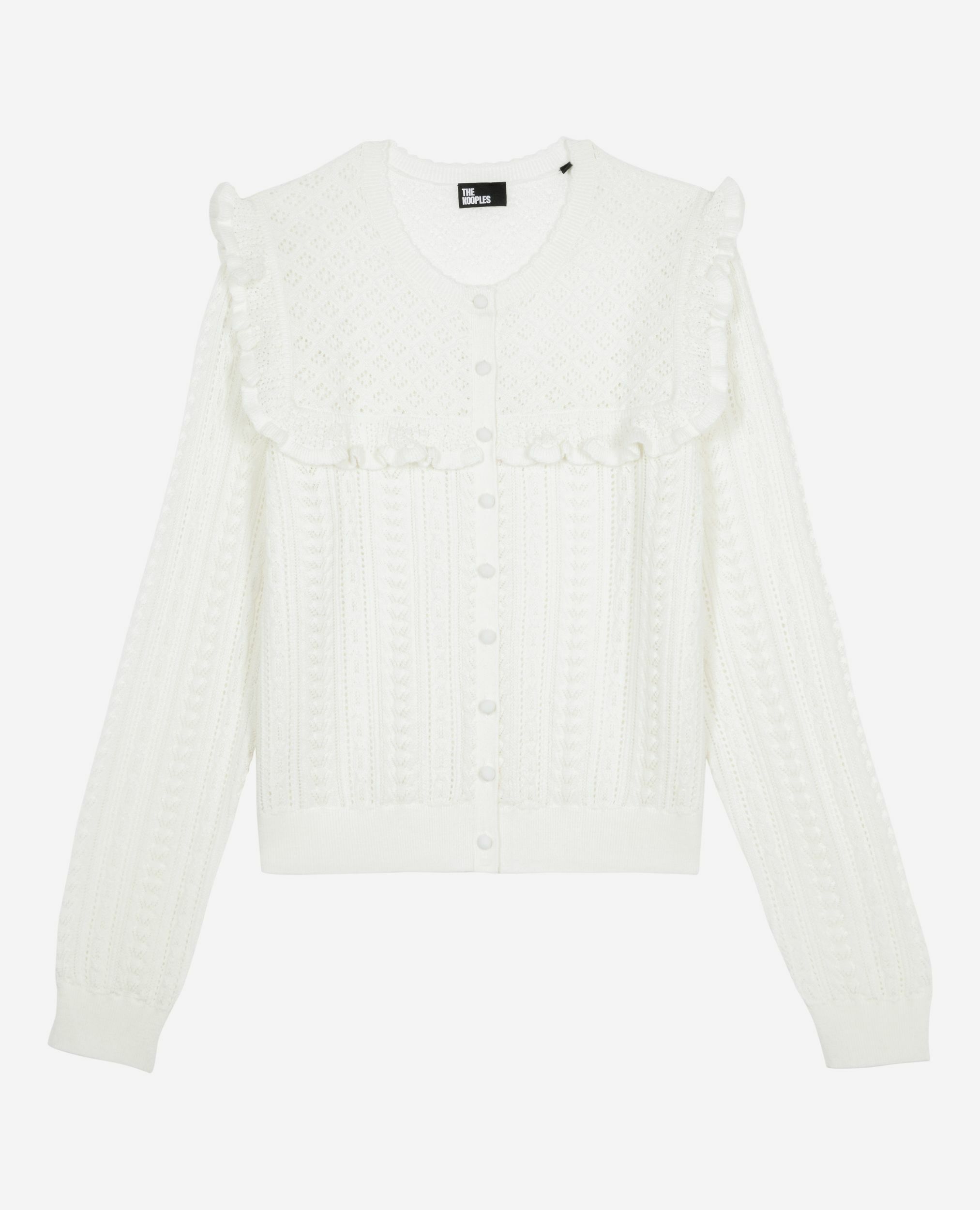 Cardigan with ruffles in ecru merino wool, ECRU, hi-res image number null