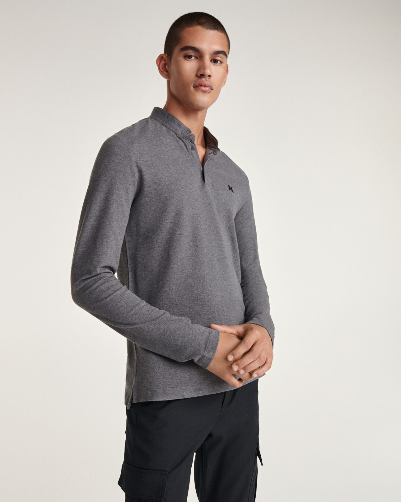 The Kooples MEN GREY MELANGE gray polo officer collar rubber monogram
