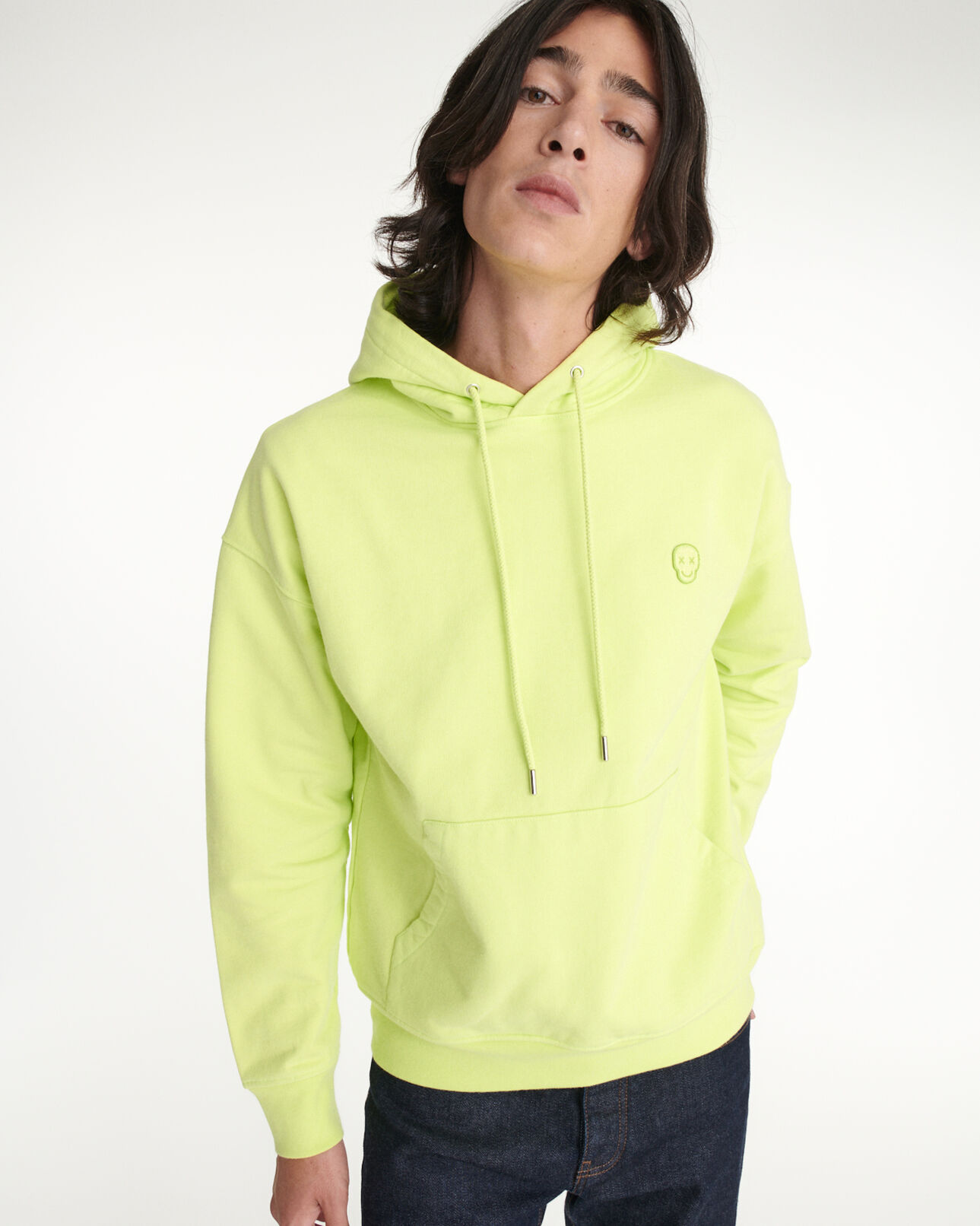 The Kooples HOMME YELLOW FLUO sweat capuche jaune en coton à logo
