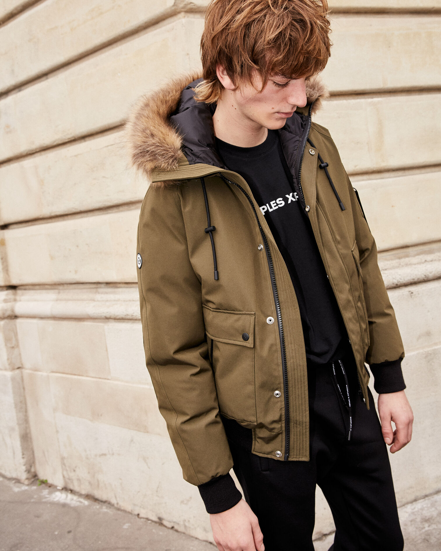 Cropped khaki down jacket with lined hood, KAKI, hi-res image number null