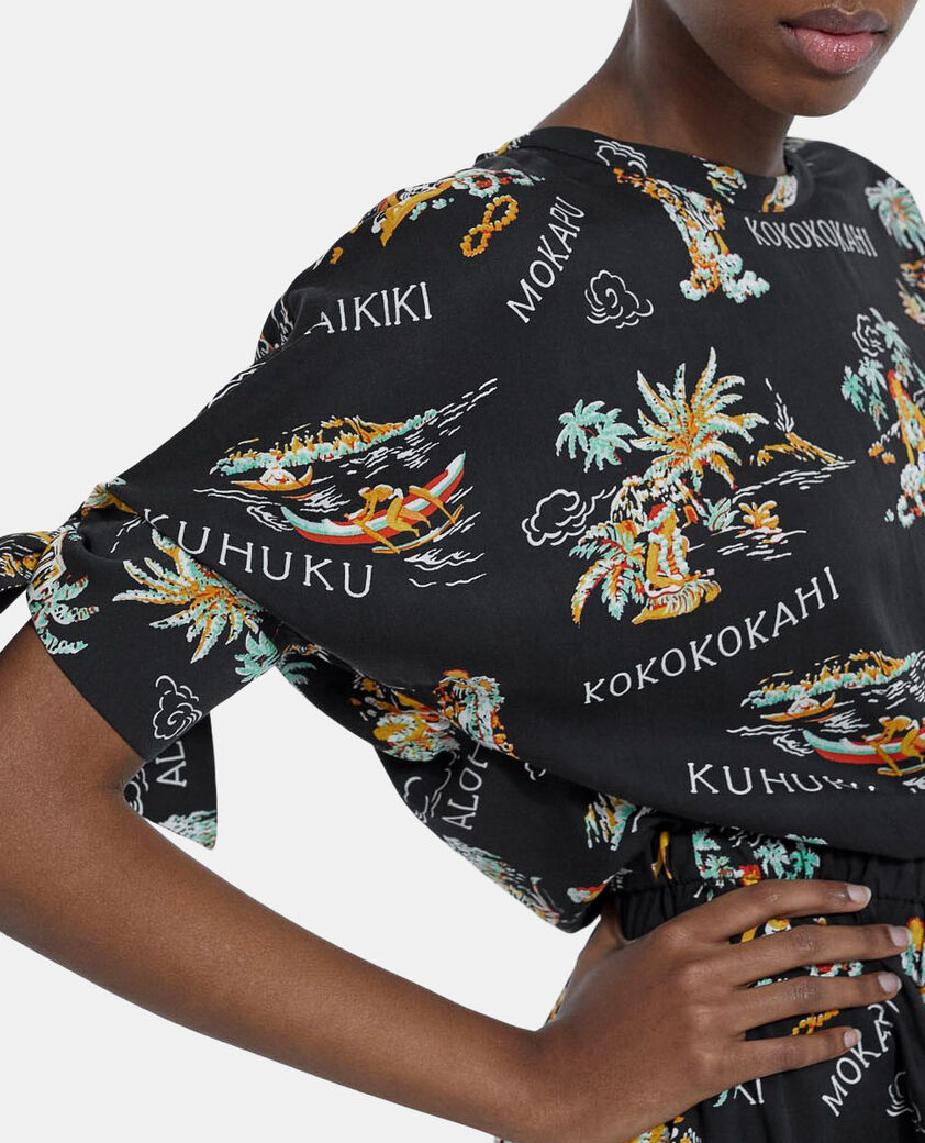 The Kooples WOMEN BLACK black short-sleeve dress with hawaiian motif