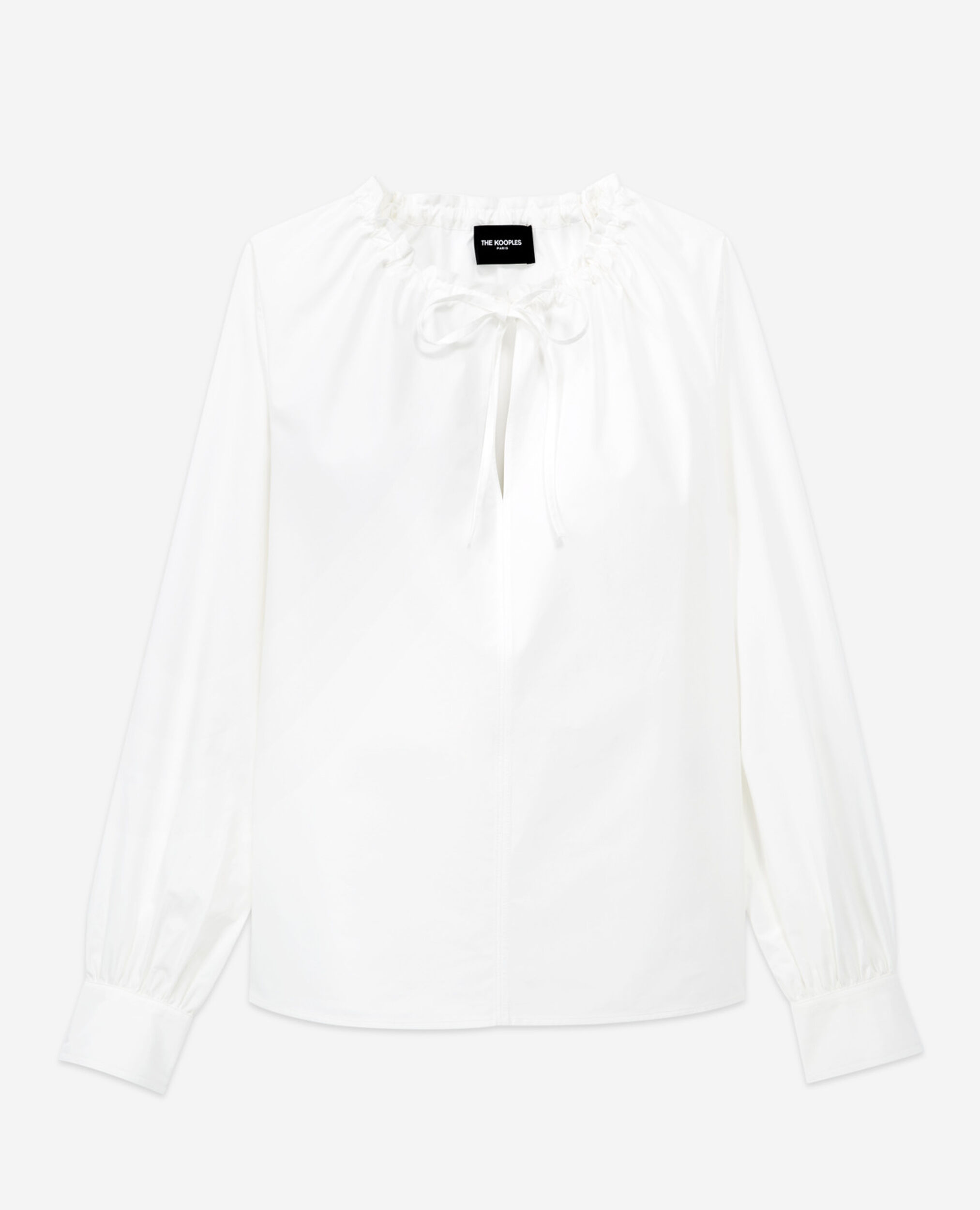 White cotton top with pleated tie-drop neck, WHITE, hi-res image number null