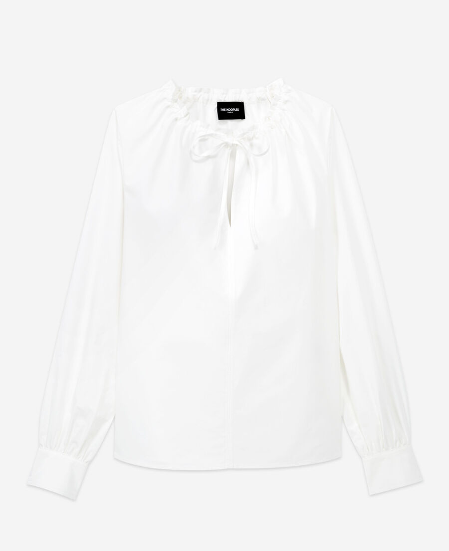 white cotton top with pleated tie-drop neck