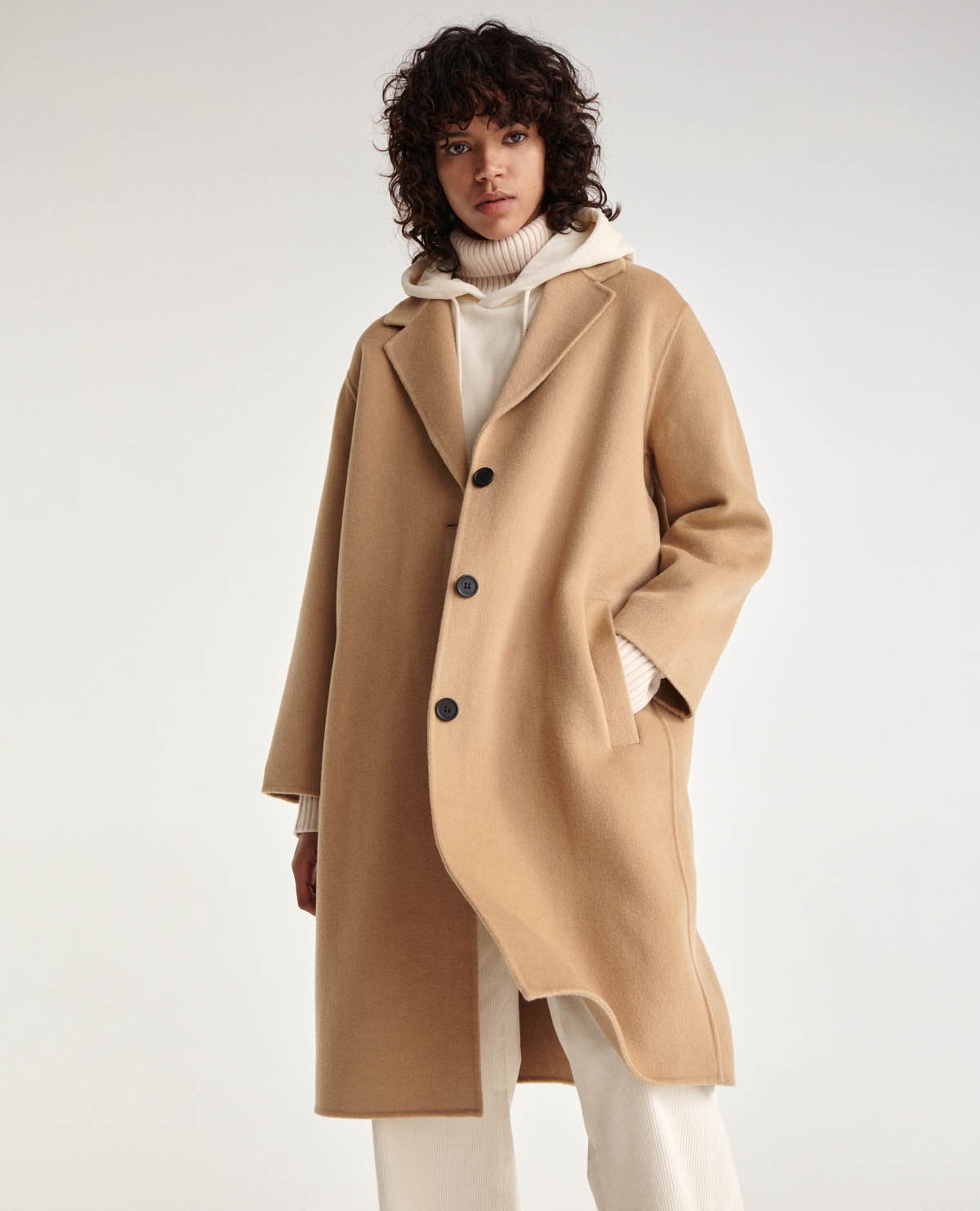 Double-faced button-up camel wool coat