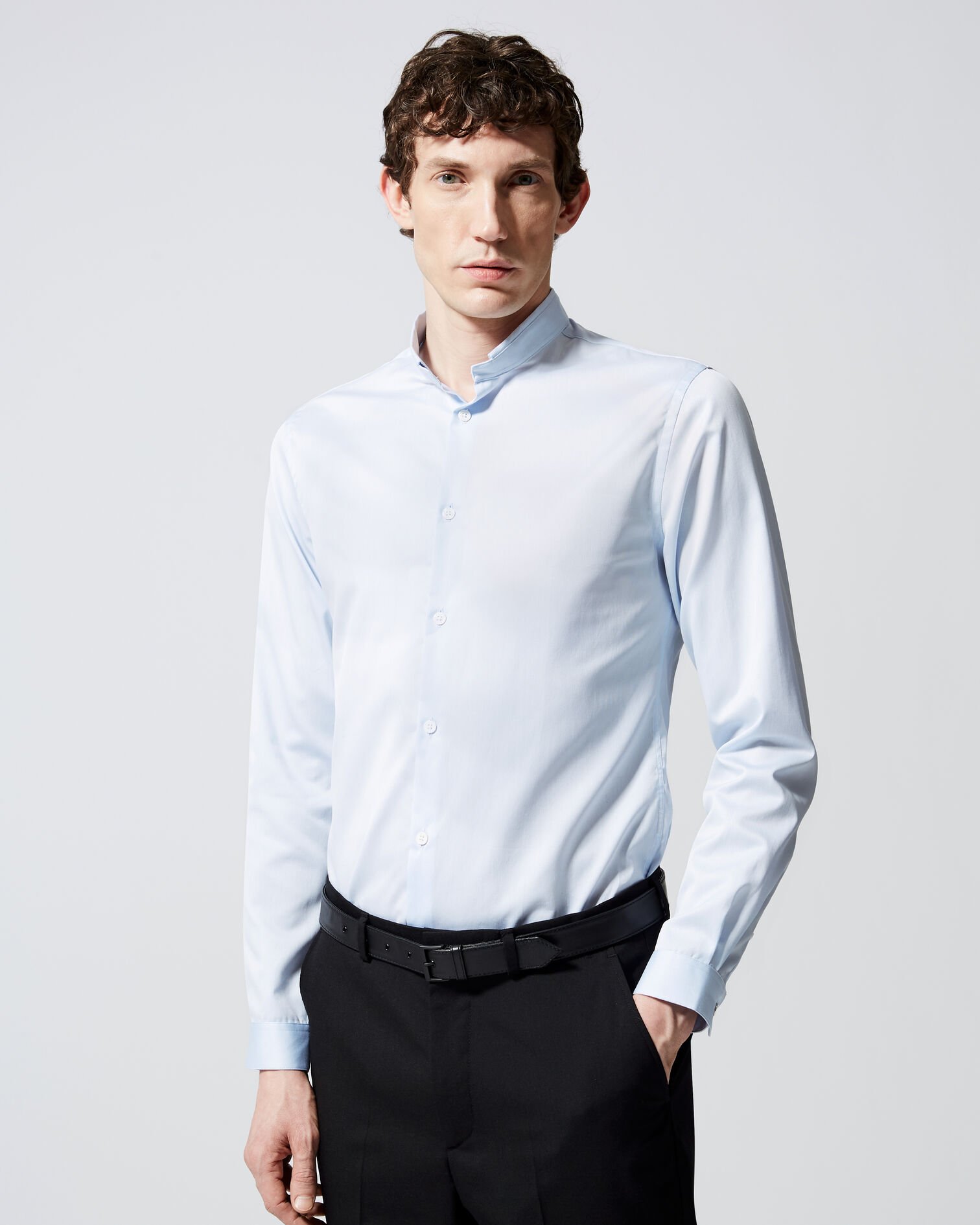 Camisa azul cuello Mao replegado algodón, SKY, hi-res image number null