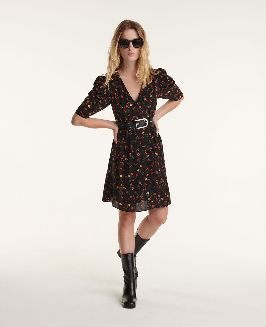 short printed dress with gathered shoulders