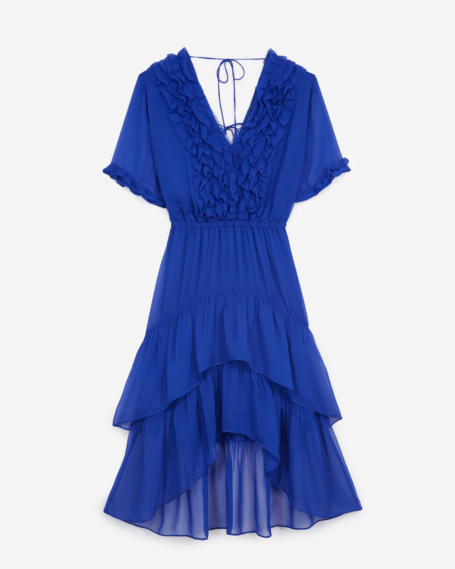Blue long flowing dress with V-neck - frills, BLUE, hi-res image number null