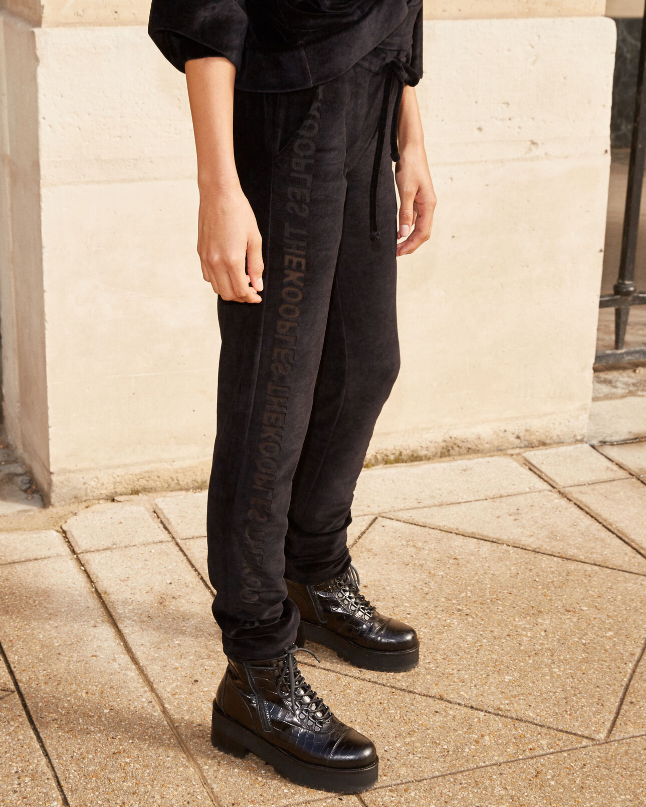 The Kooples WOMEN BLACK black velvet joggers with logo