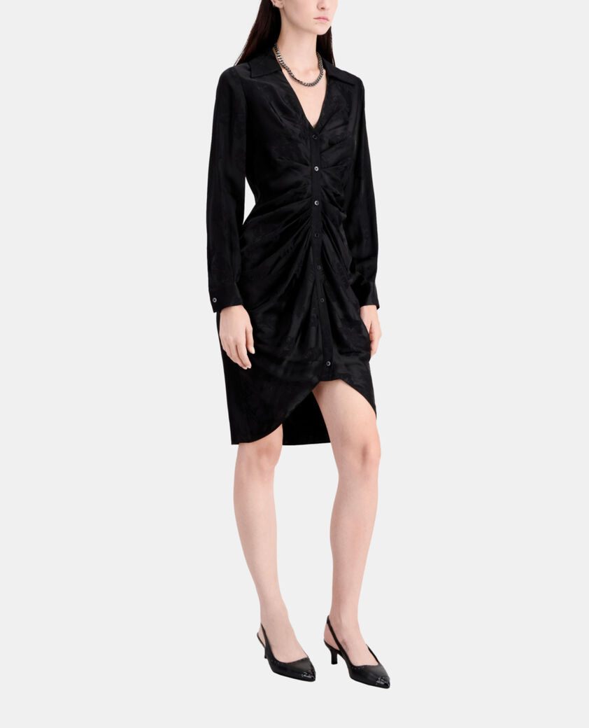 The Kooples FEMME BLACK robe noire mi-longue à fleurs avec fronces