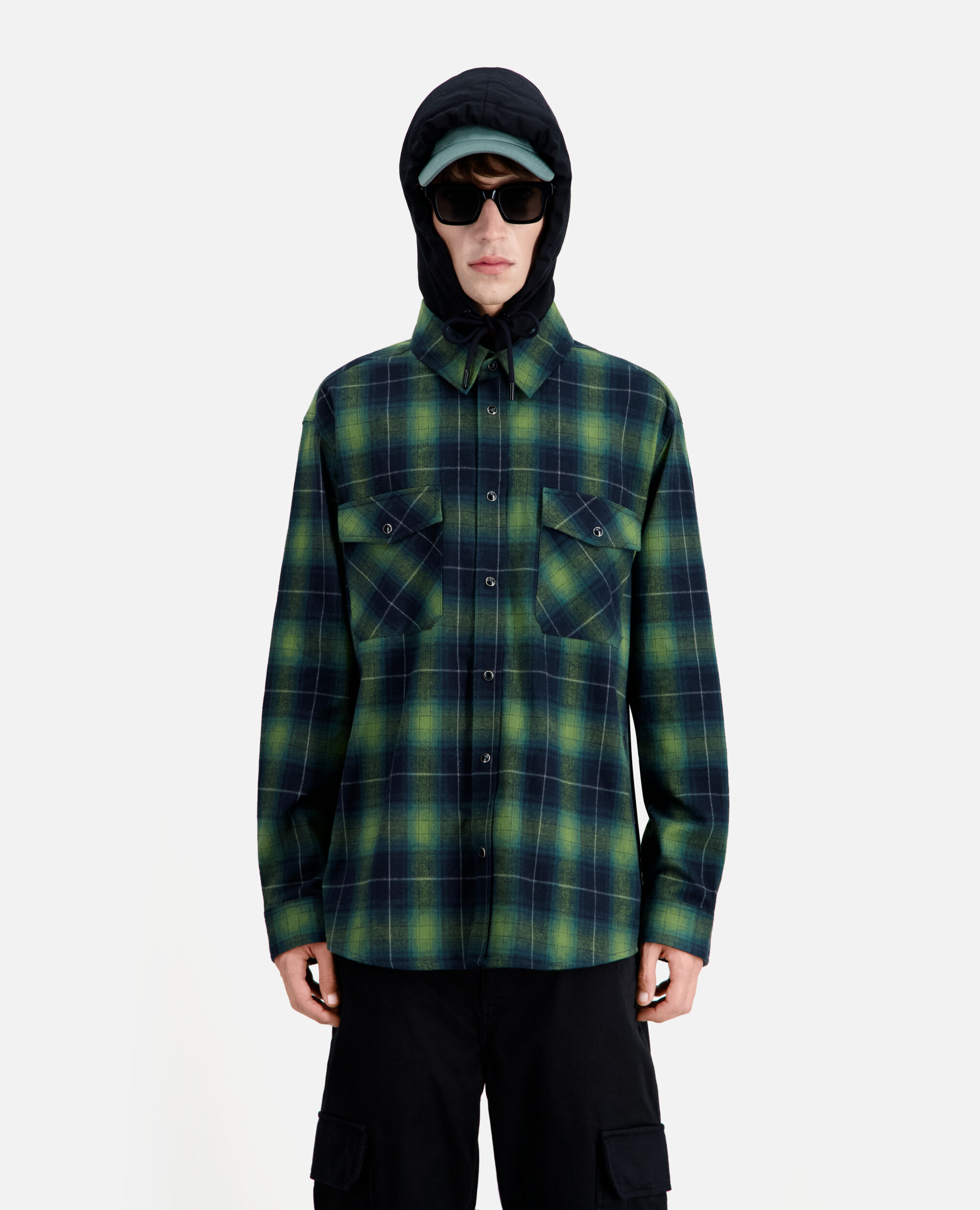 Black and green checked overshirt with hood, BLACK / GREEN, hi-res image number null