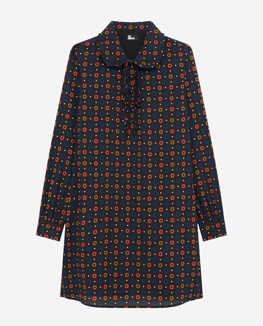 The Kooples WOMEN BLACK MELANGE black silk blend polka dot and floral print short dress