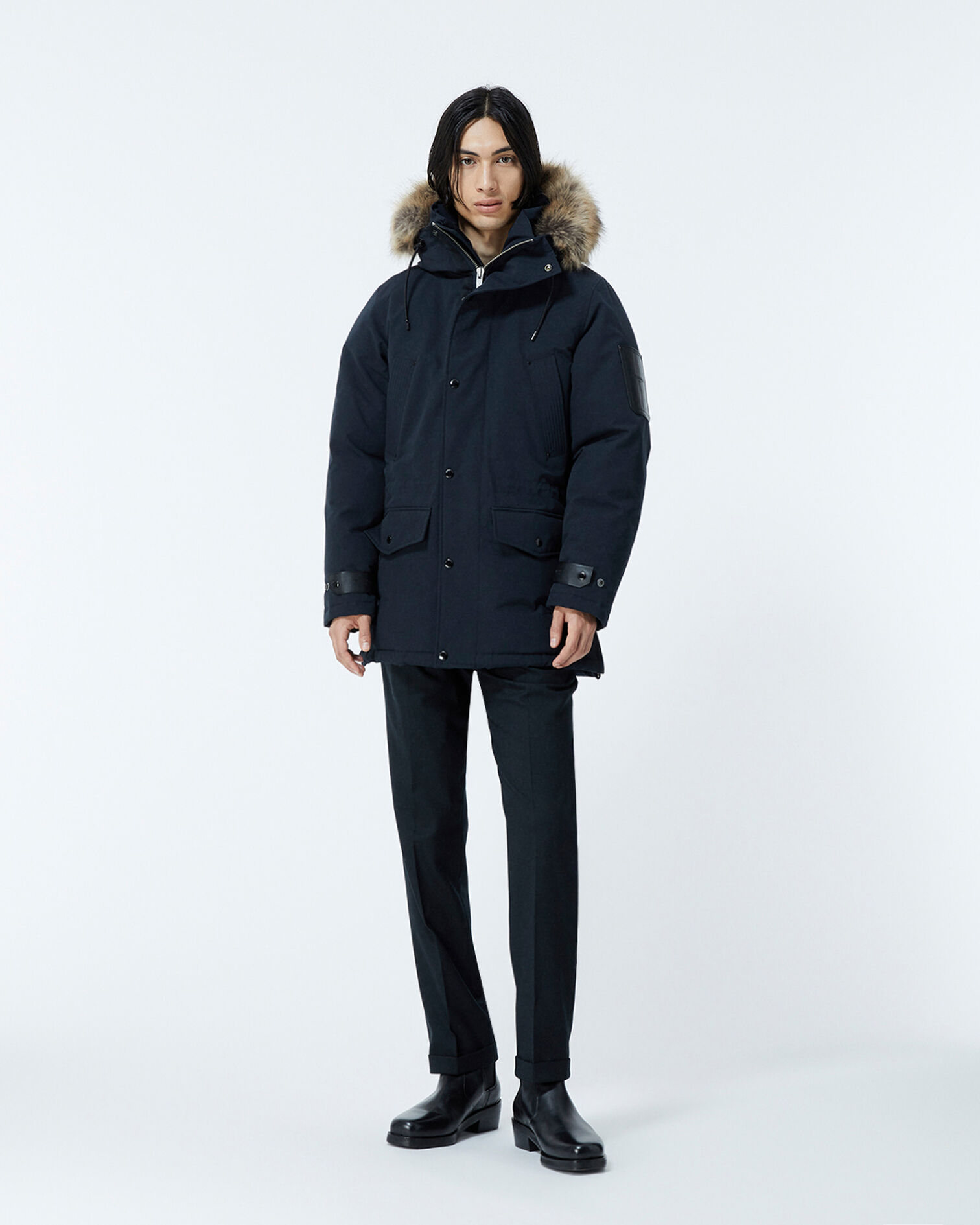 Parka bleu marine longue à détail cuir, DARK NAVY, hi-res image number null