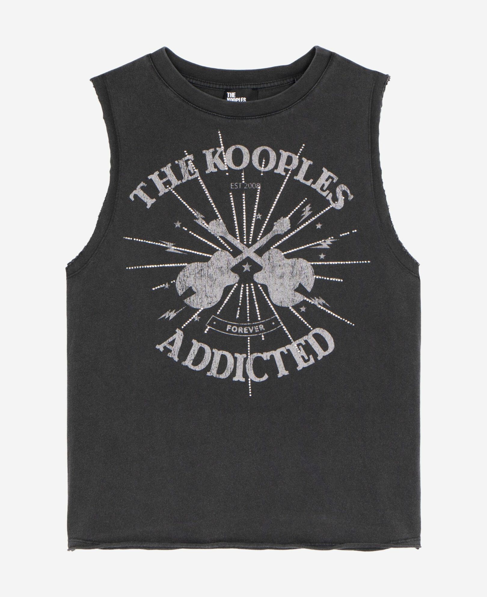 The Kooples WOMEN BLACK WASHED faded black screen print tank top with rhinestones