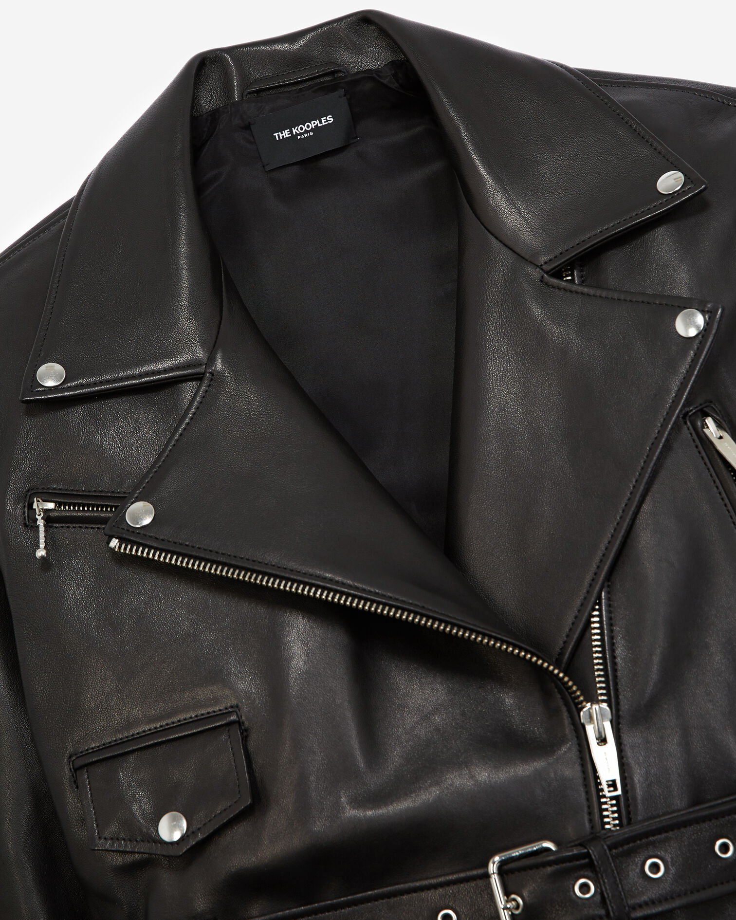 Belted biker-style black leather jacket, BLACK, hi-res image number null