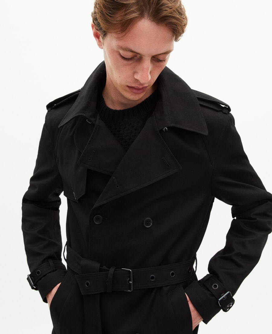 The Kooples MEN BLACK straight cut black cotton trench coat